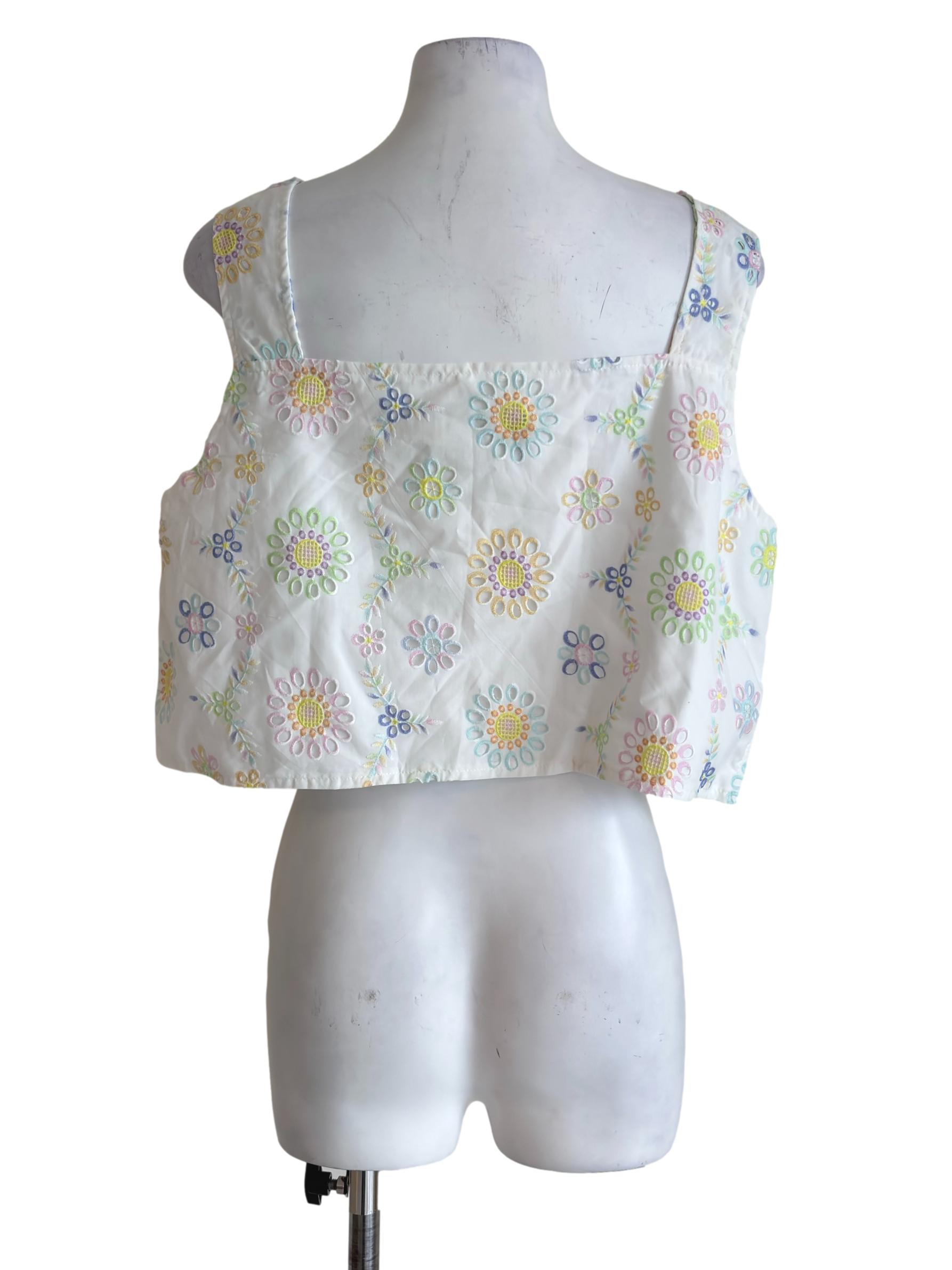 Soft White Floral Embroidered Square Neck Cropped Top