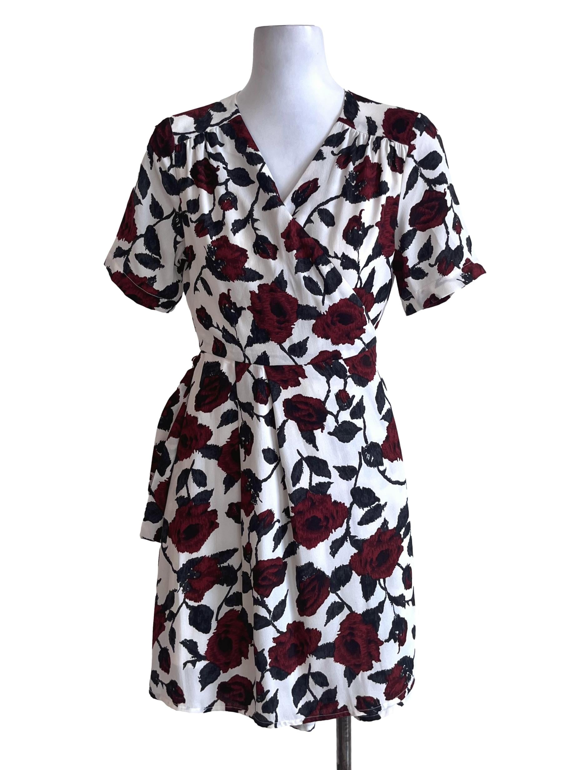 White Red Rose Pattern Wrap Dress