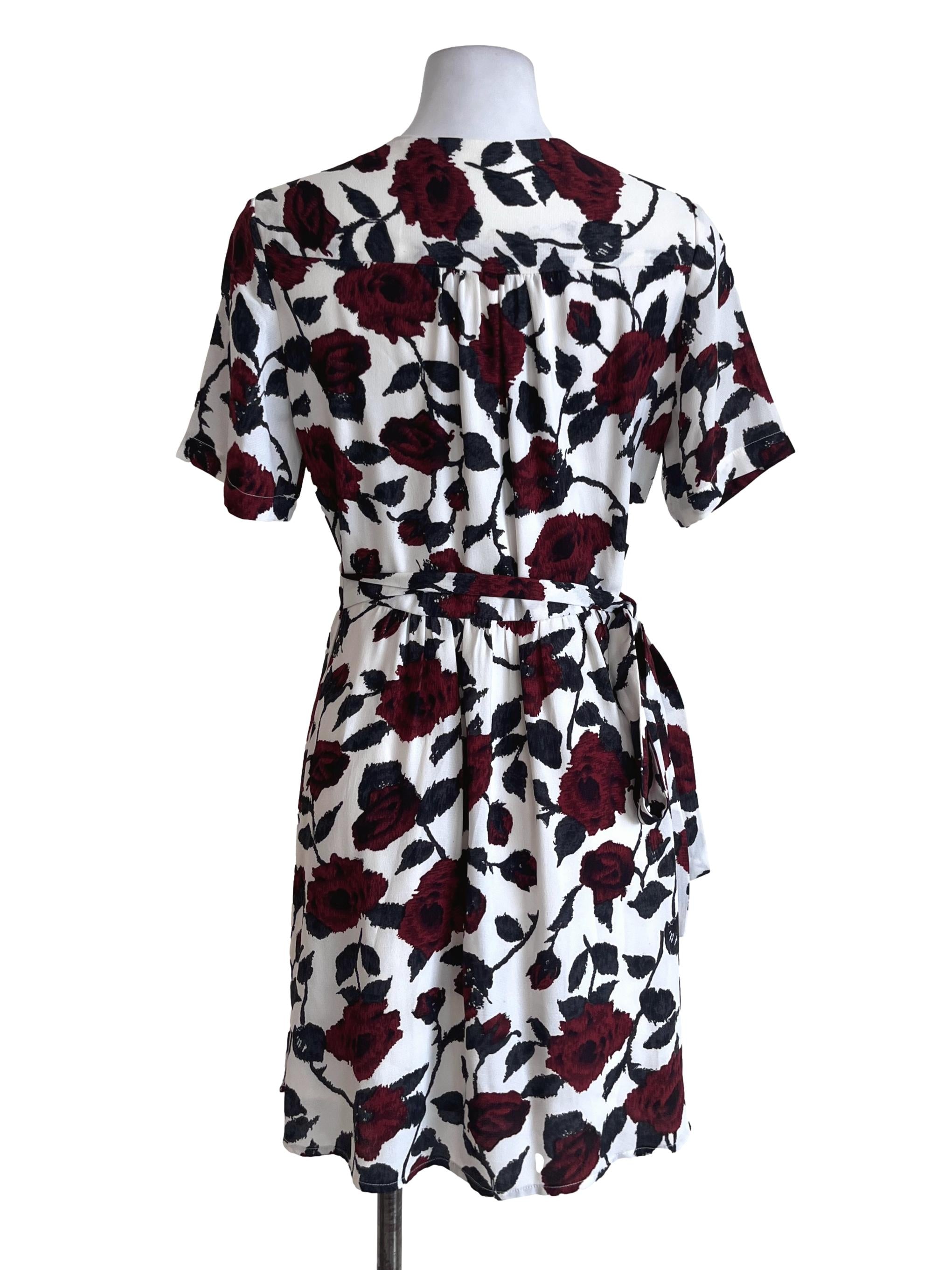 White Red Rose Pattern Wrap Dress