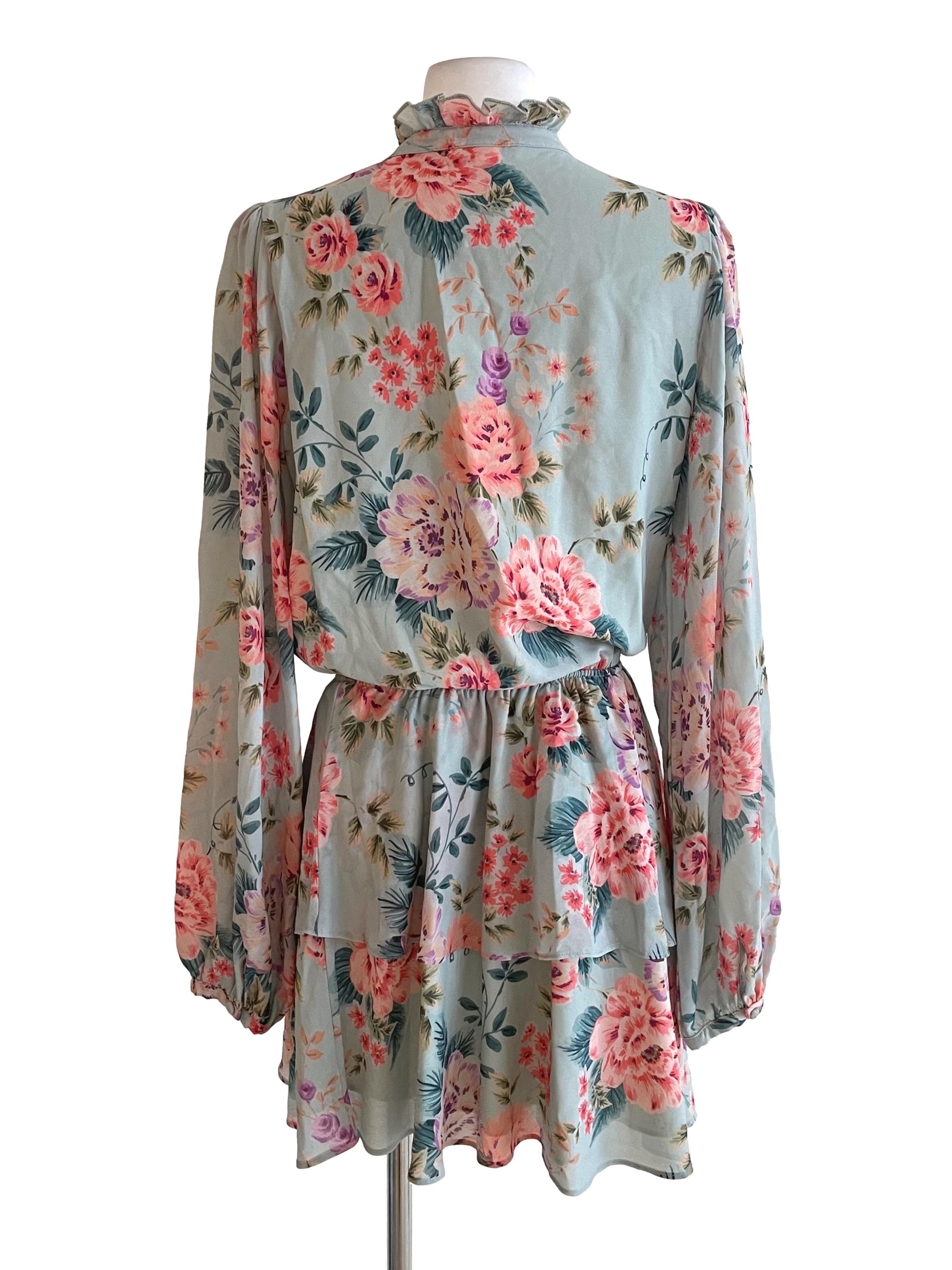 Pistachio Floral V Neck Chiffon Dress
