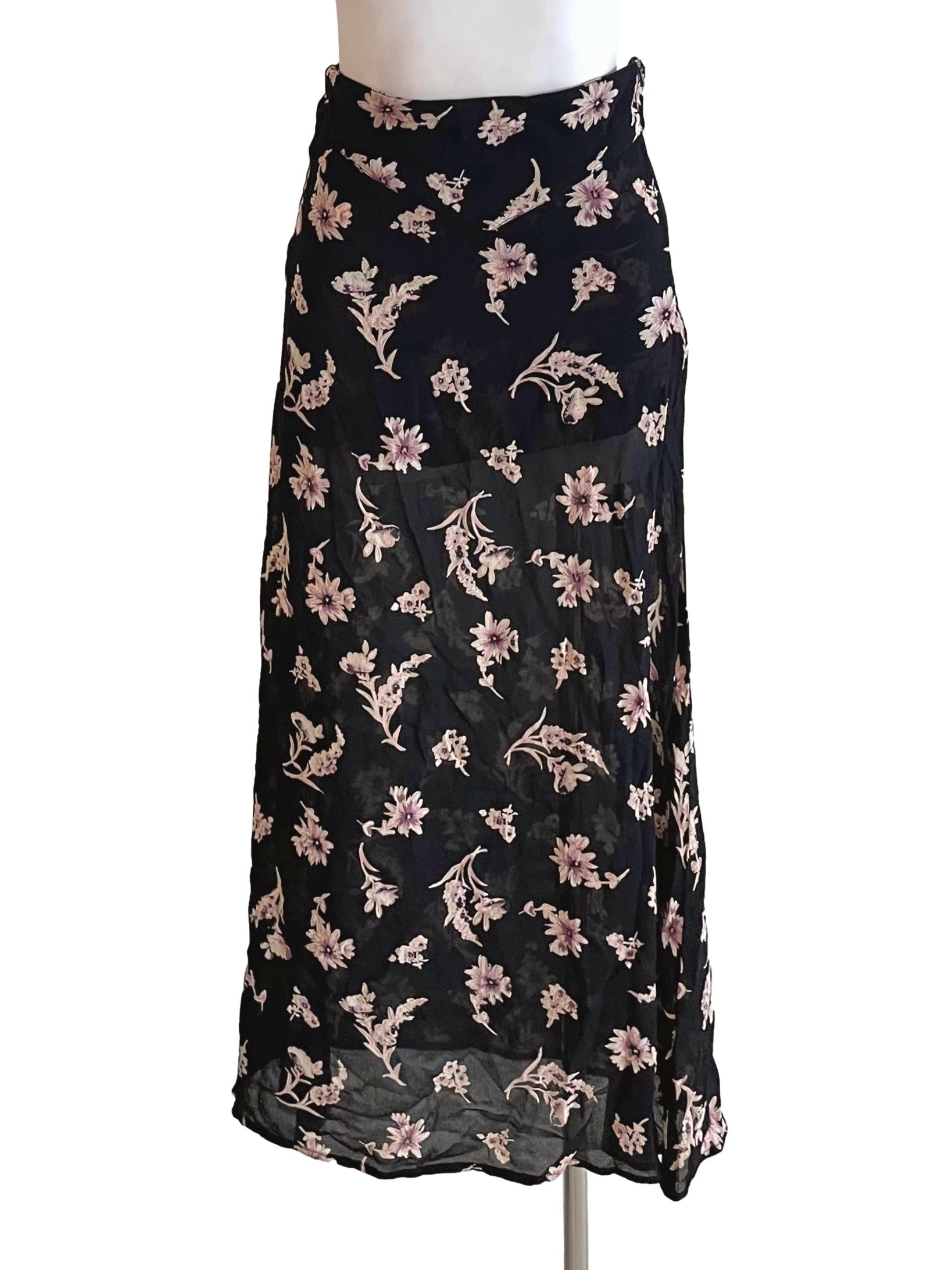 Black Floral A-Line Chiffon Skirt