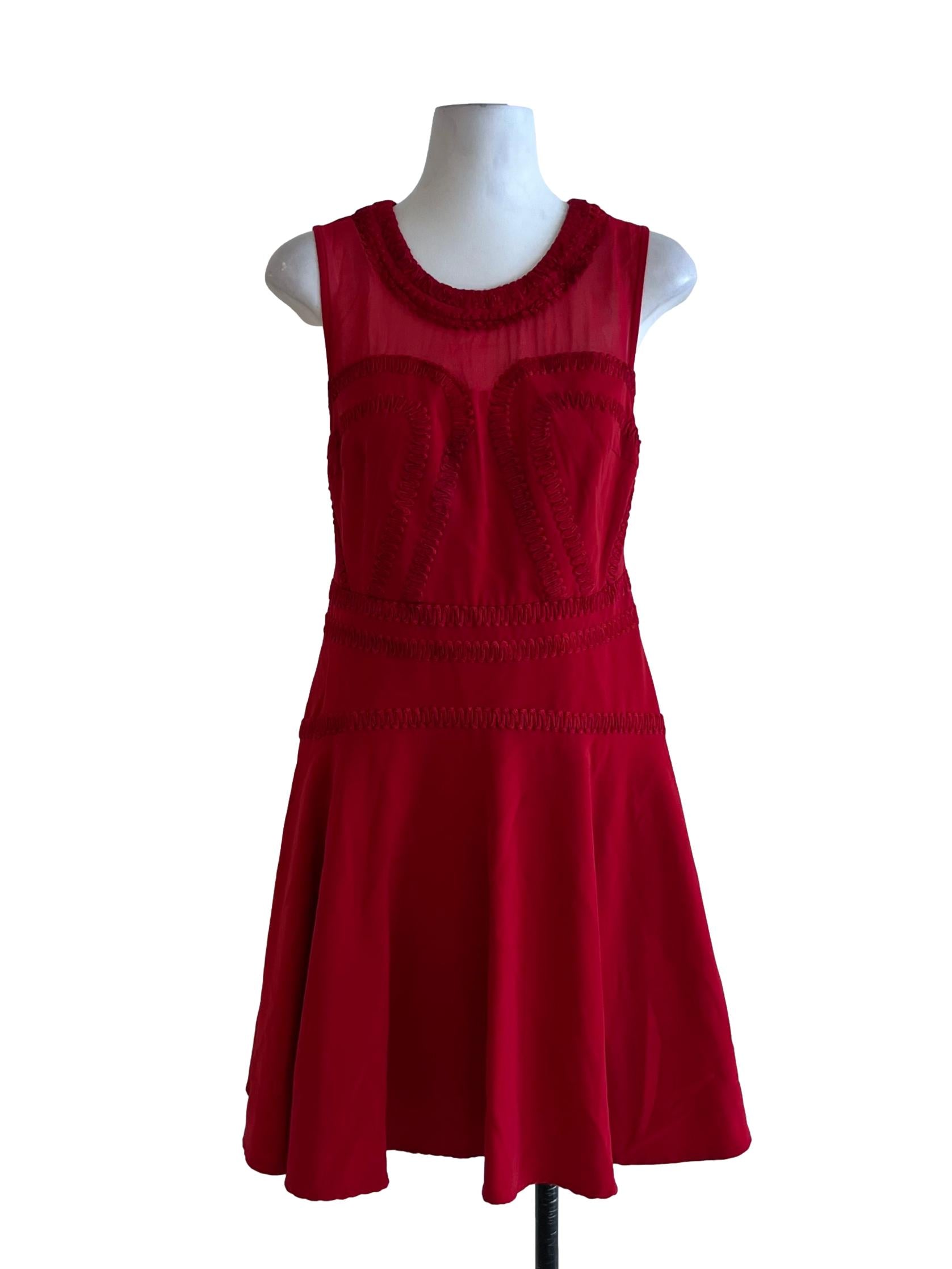 Blood Red Jewel Neckline A-Line Dress