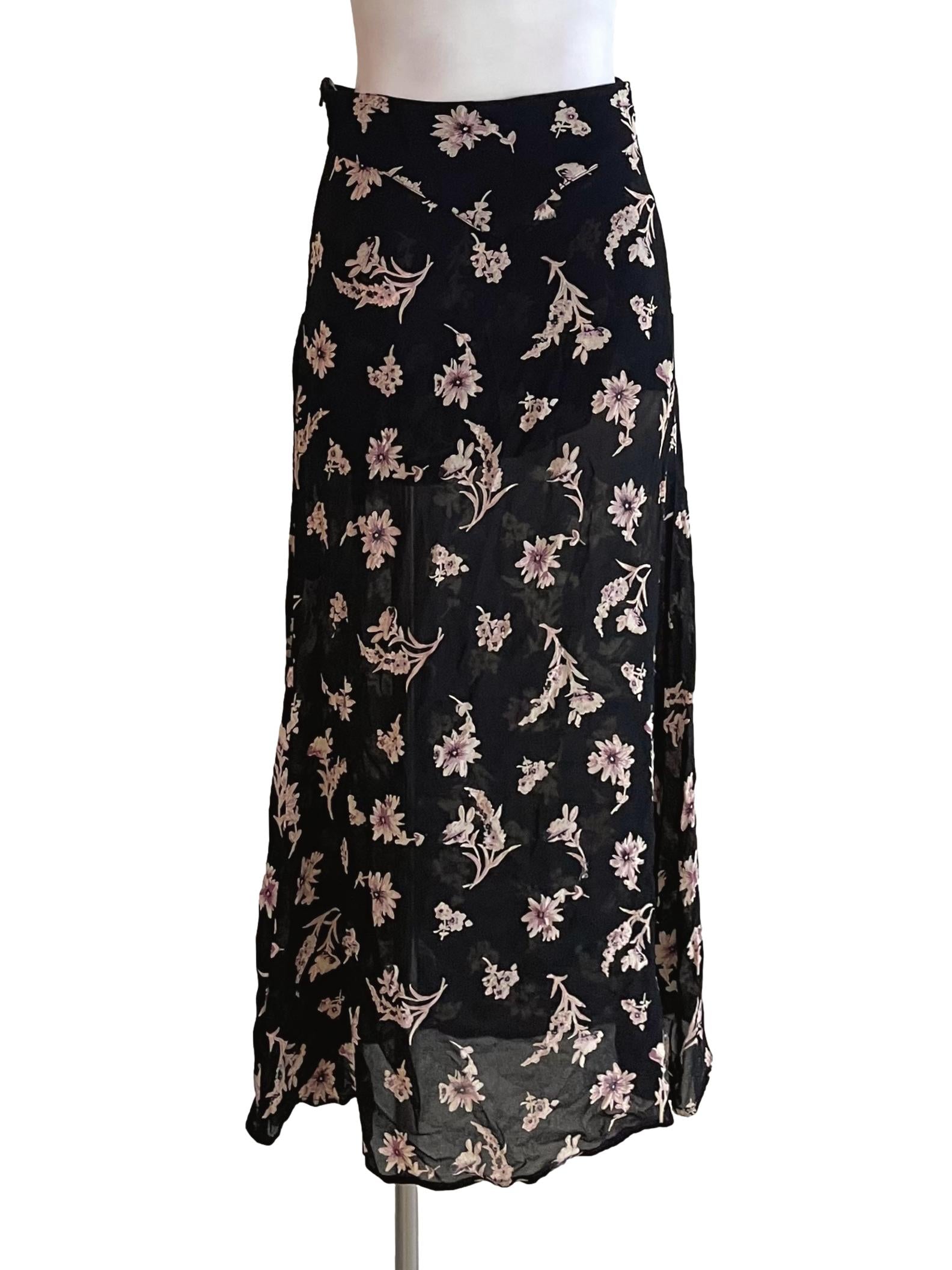 Black Floral A-Line Chiffon Skirt