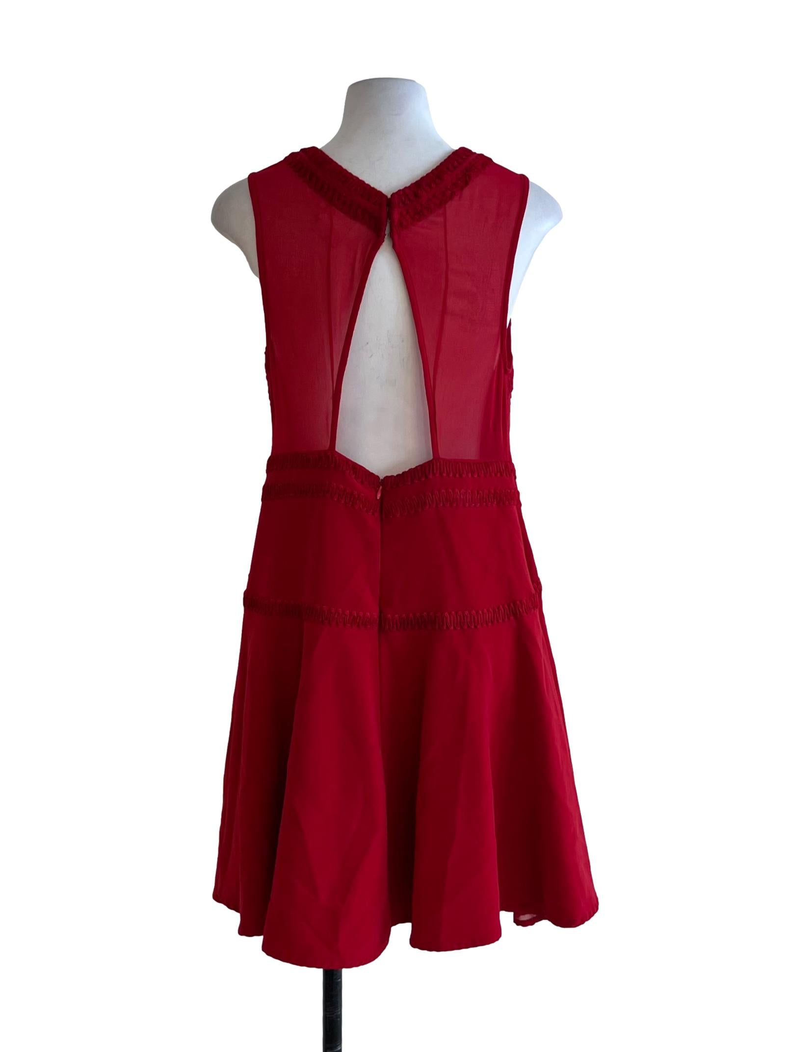 Blood Red Jewel Neckline A-Line Dress