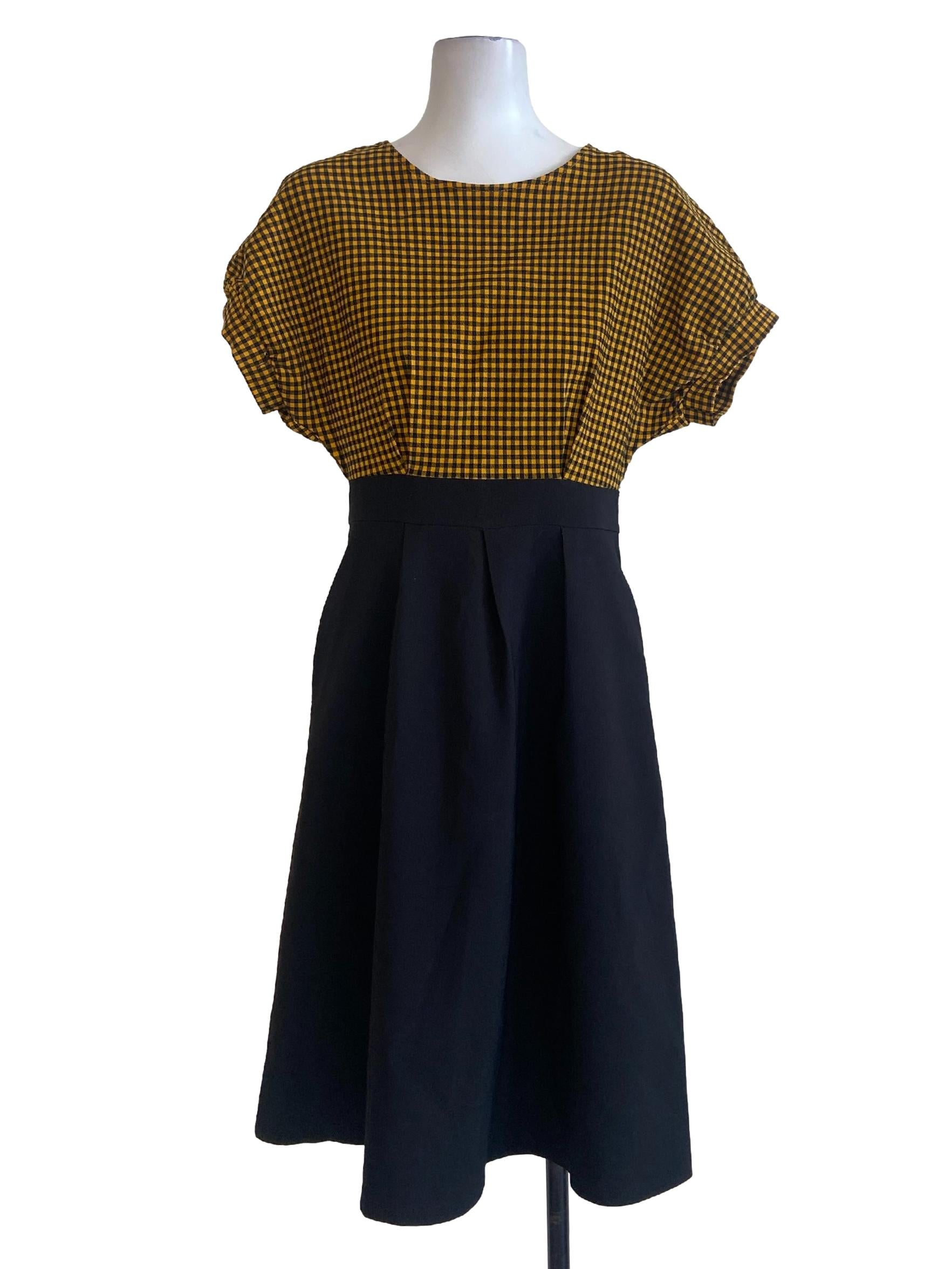 Black & Yellow Plaid Batwing Sleeve Empire Dress