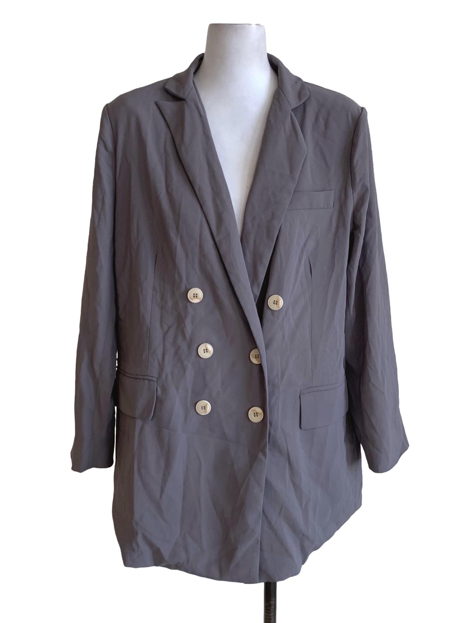 Stone Grey Wing Collar Double-Breasted Blazer