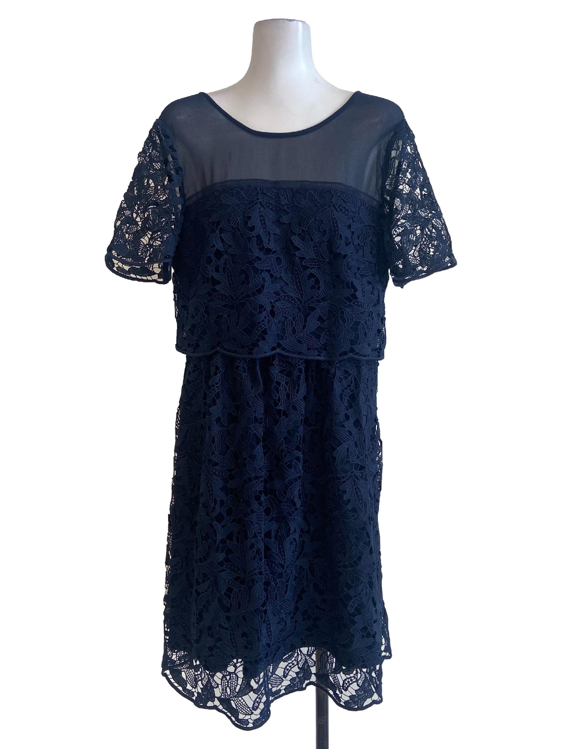 Navy Blue Floral Lace Shift Dress