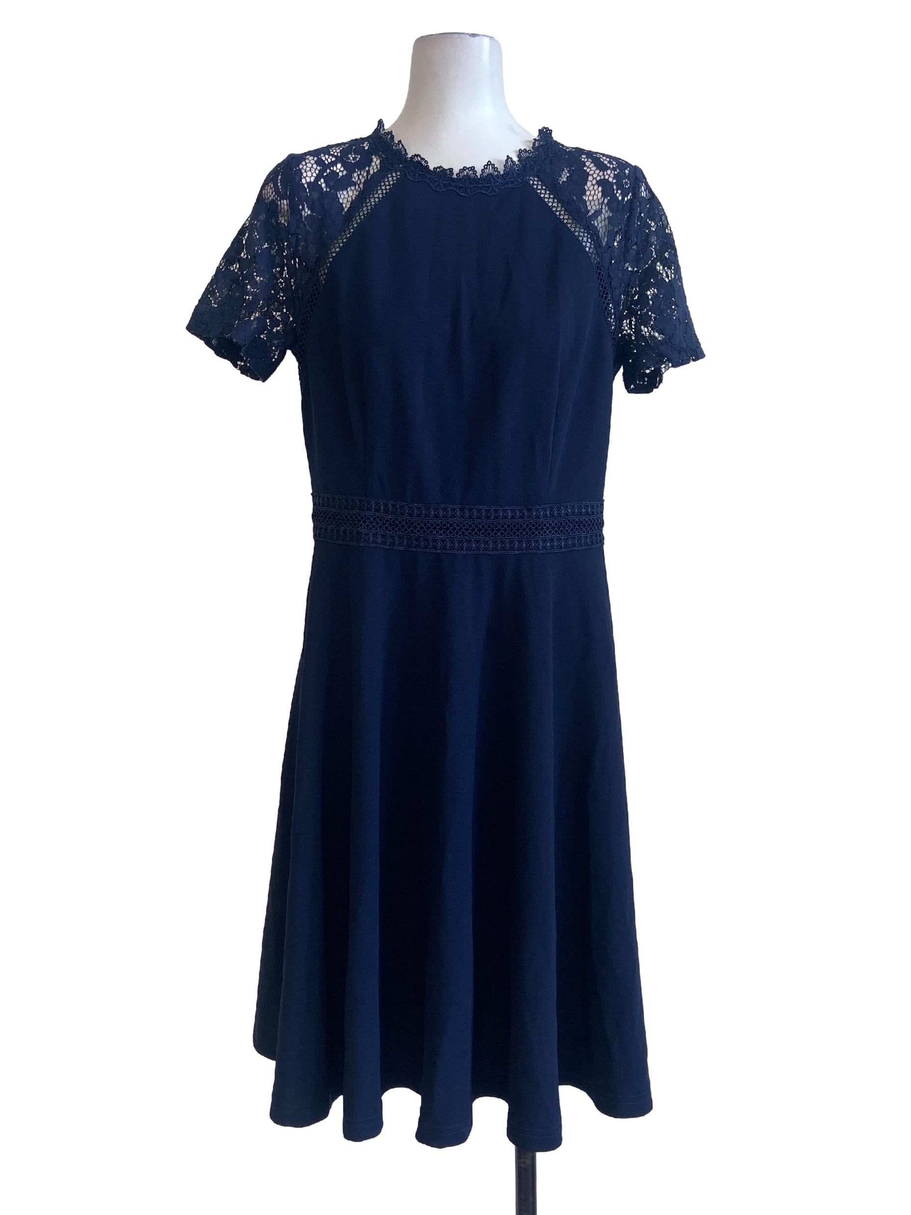 Navy Blue & Flowers Neck Lace Empire Dress
