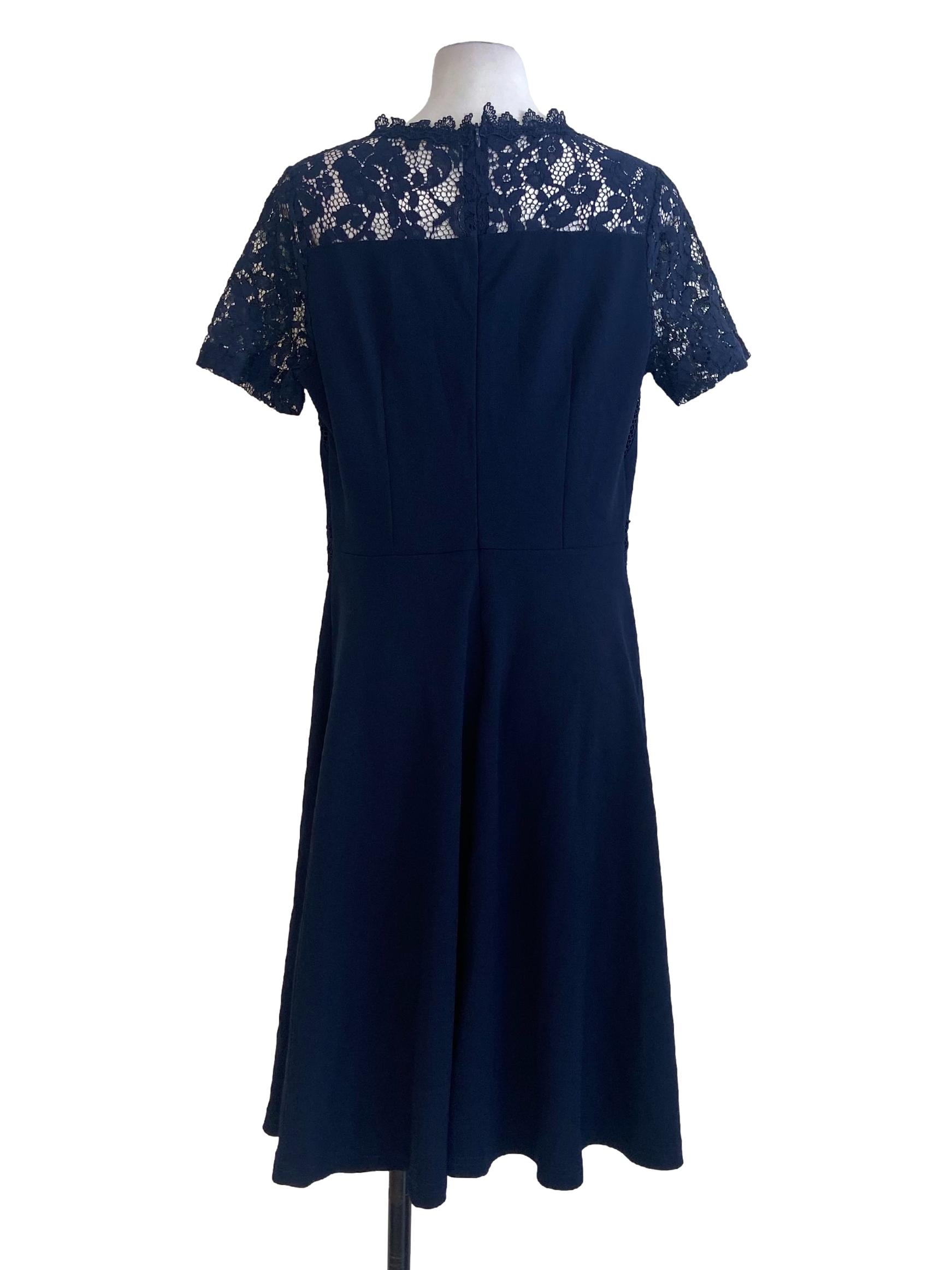 Navy Blue & Flowers Neck Lace Empire Dress