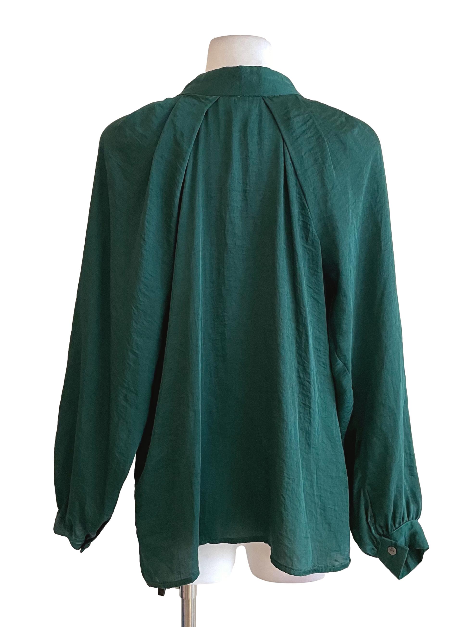 Dark Green Tie Bow Satin Blouse