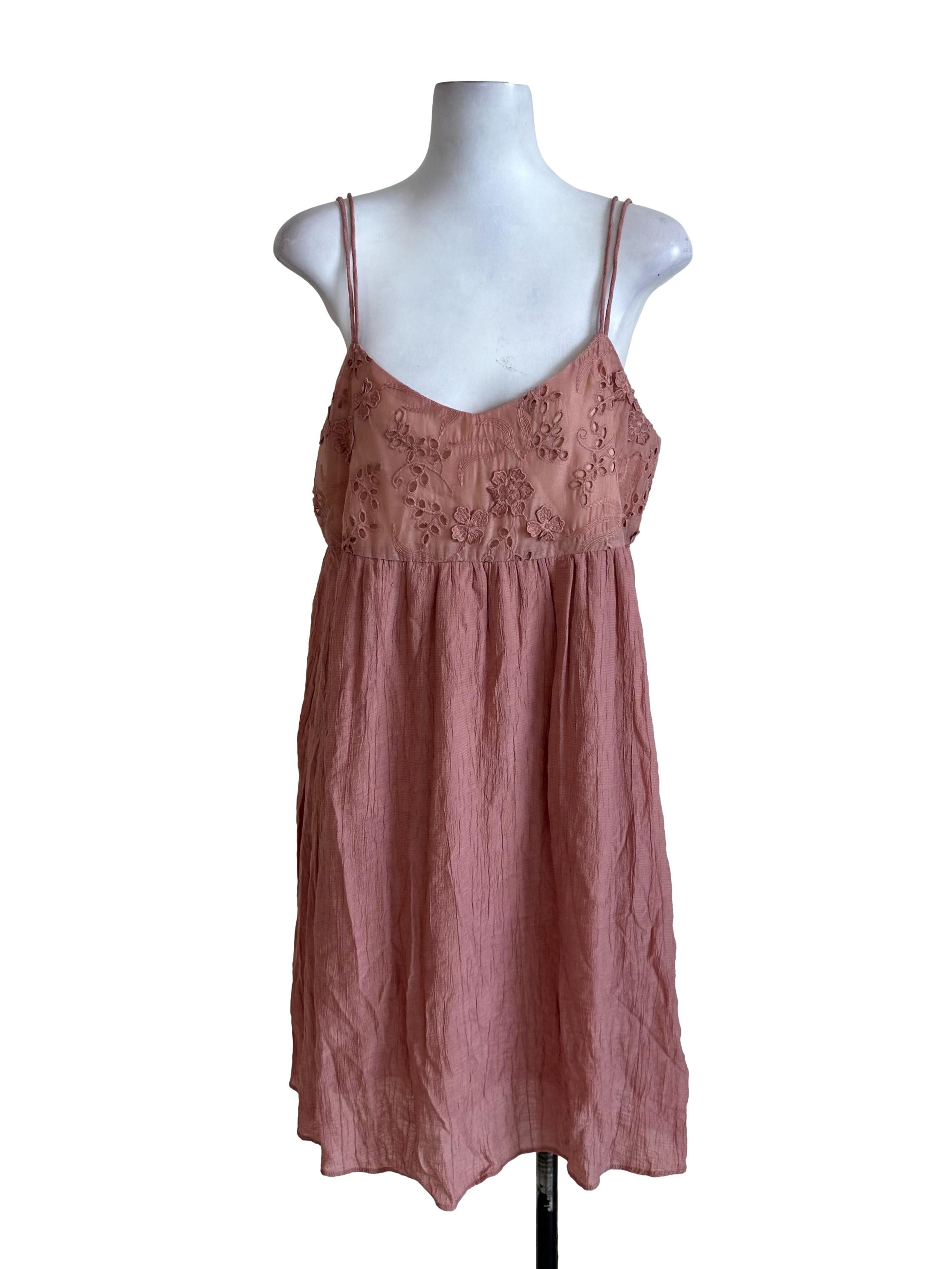 Rose Pink Floral Embroidery Textured Dress