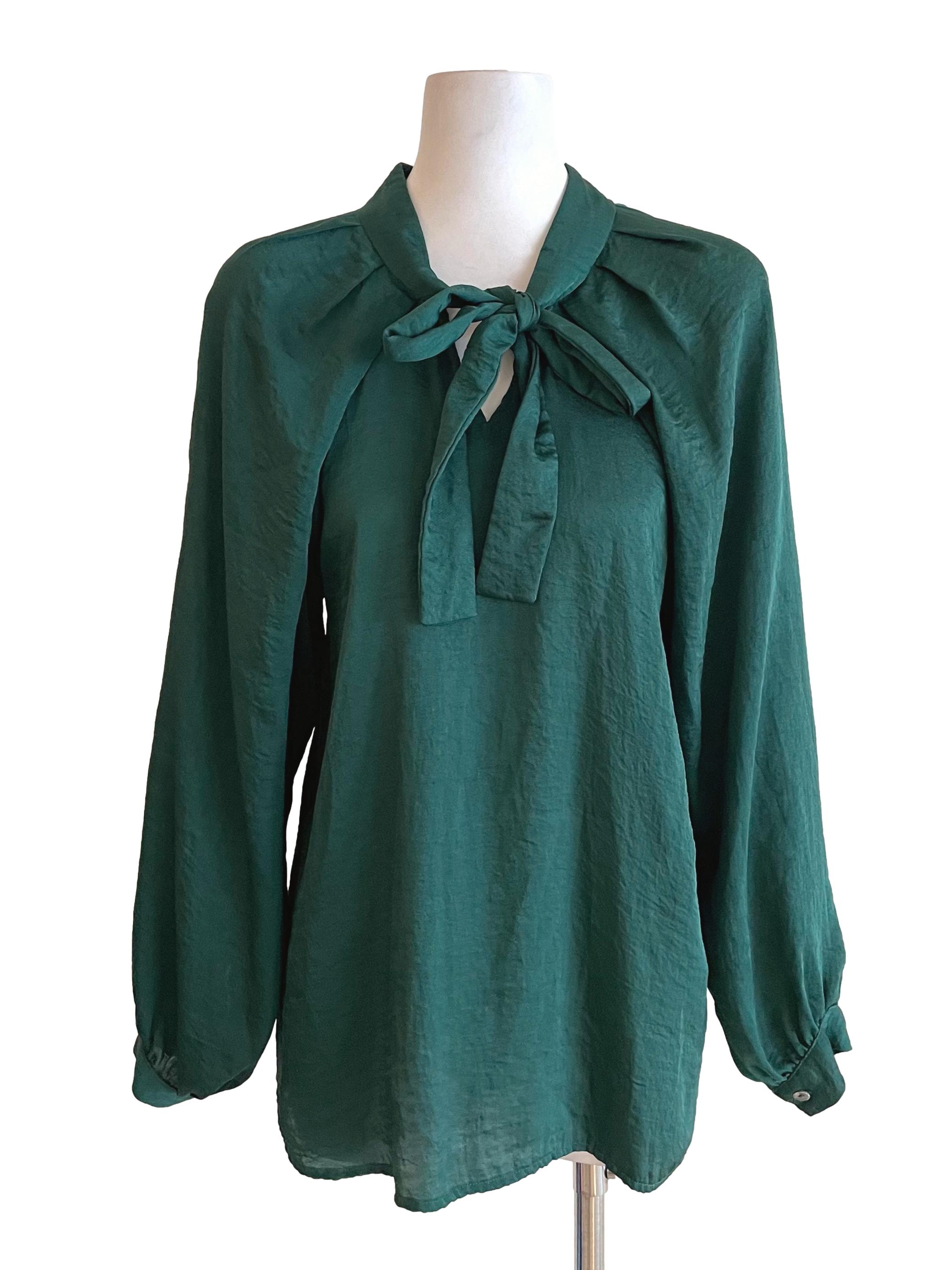 Dark Green Tie Bow Satin Blouse