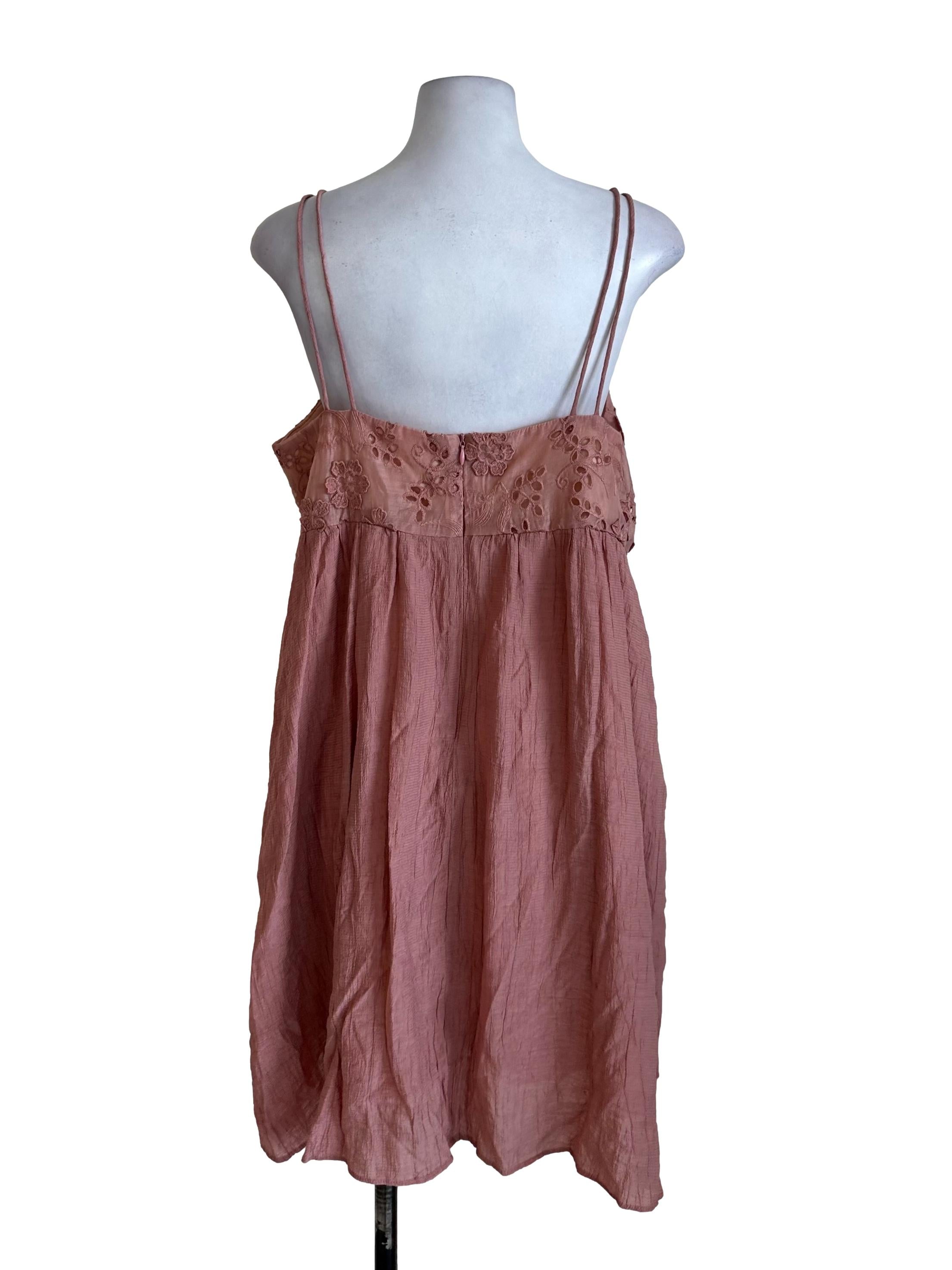 Rose Pink Floral Embroidery Textured Dress