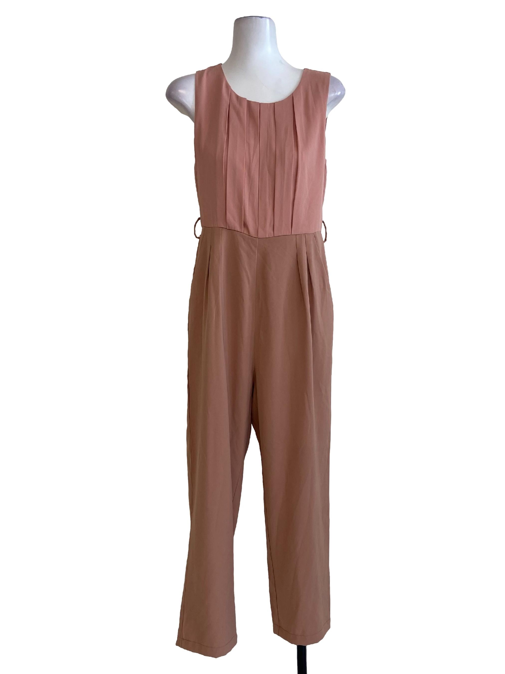 Salmon Pink Jewel Neck Twill Long Jumpsuits