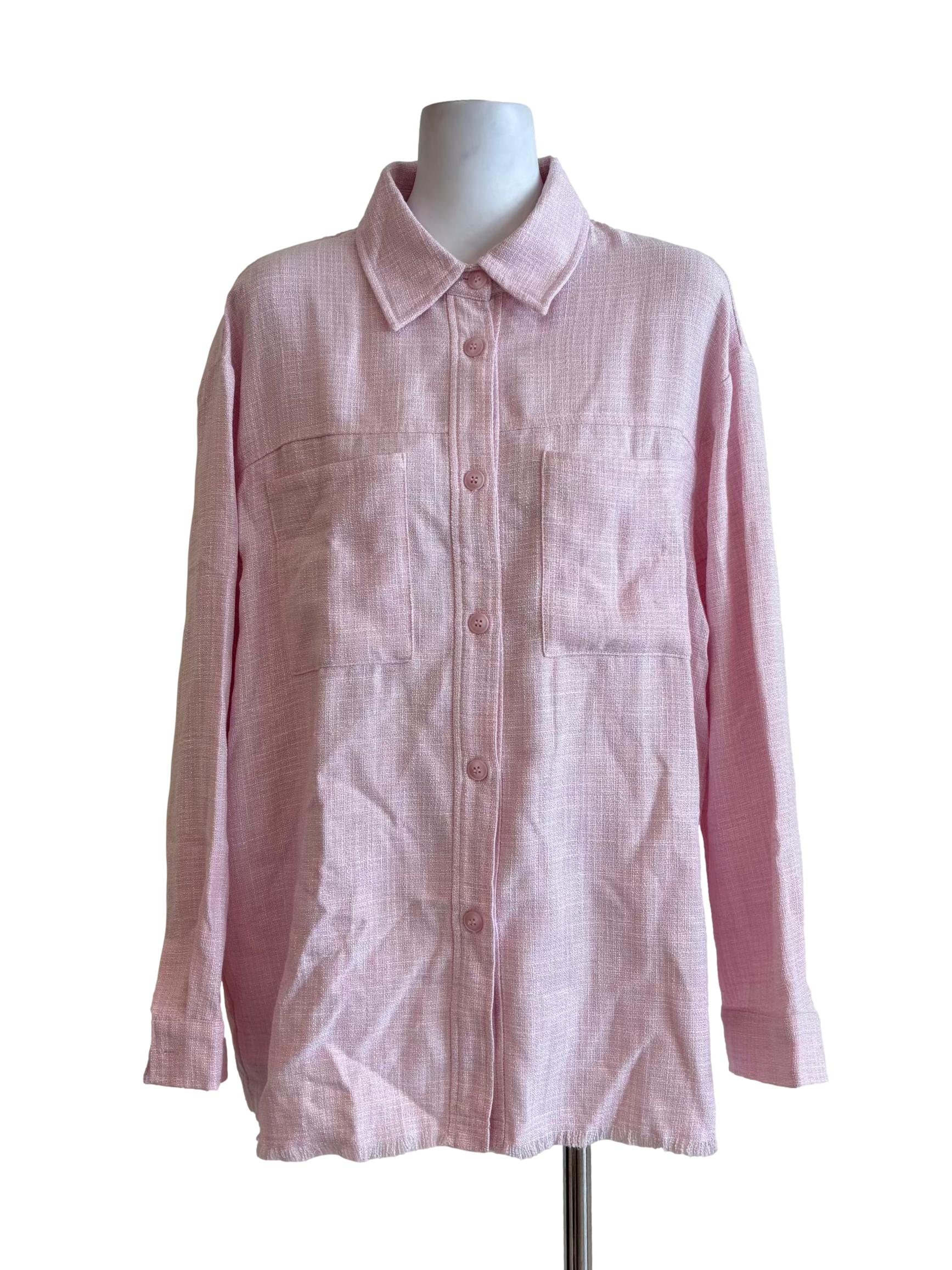 Baby Pink Long Sleeve Button Tweed Shirt