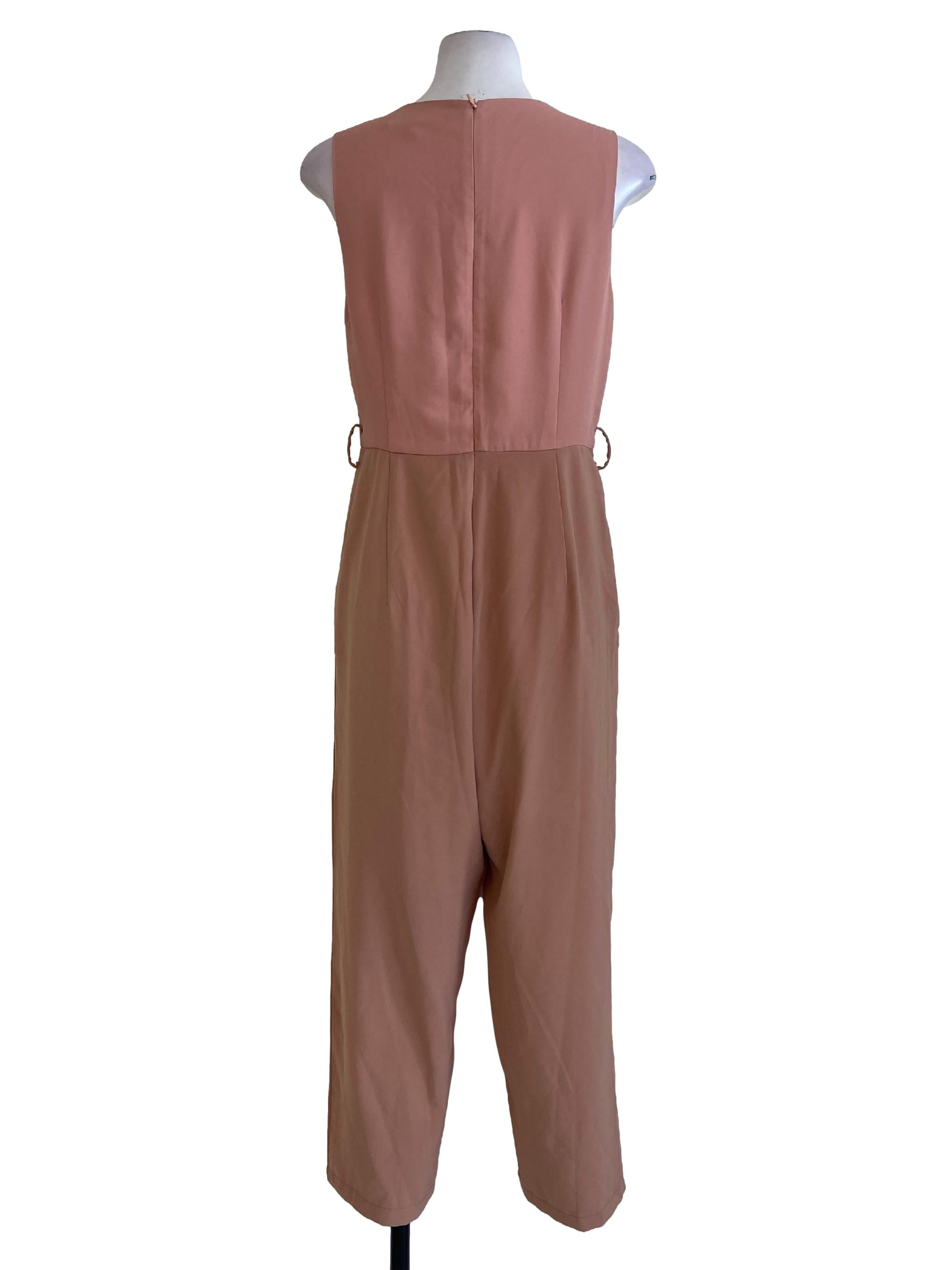 Salmon Pink Jewel Neck Twill Long Jumpsuits
