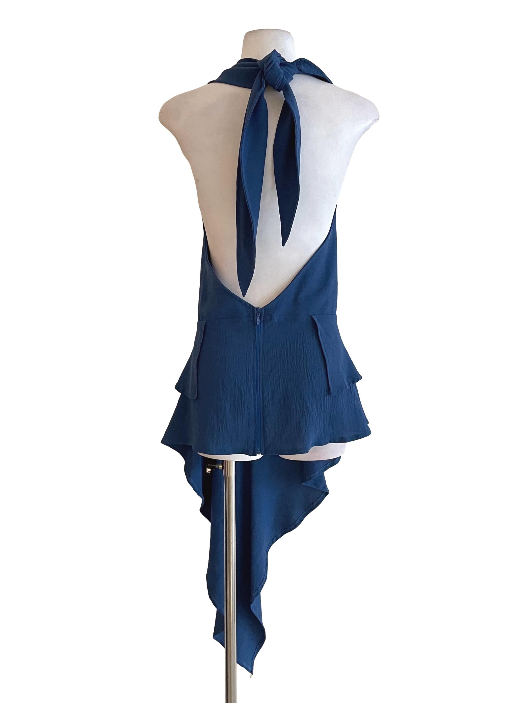 Blue Tie Neck Jellyfish Hem Top