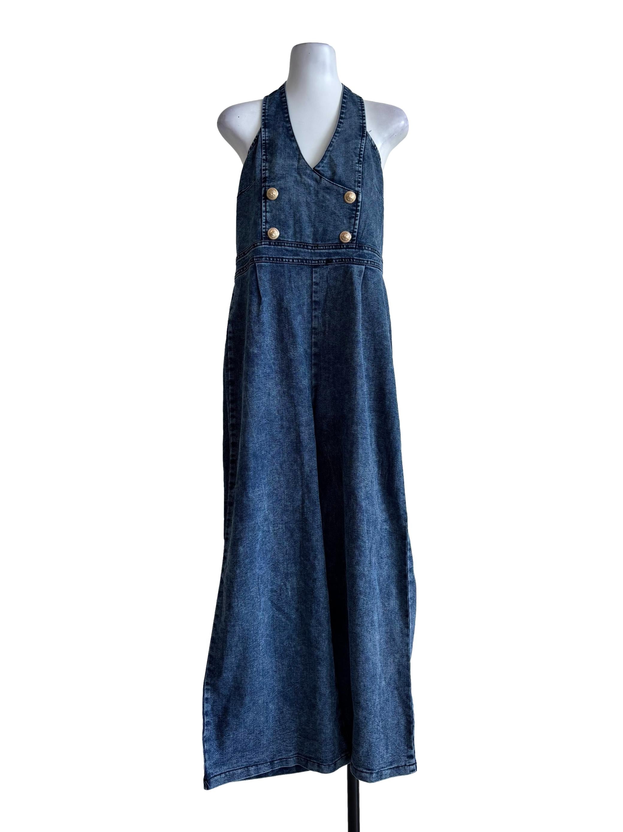 Acid Wash Halter Neck Jeans Jumpsuit