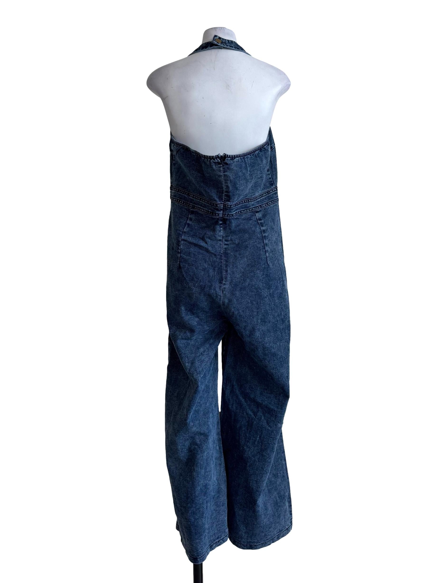 Acid Wash Halter Neck Jeans Jumpsuit