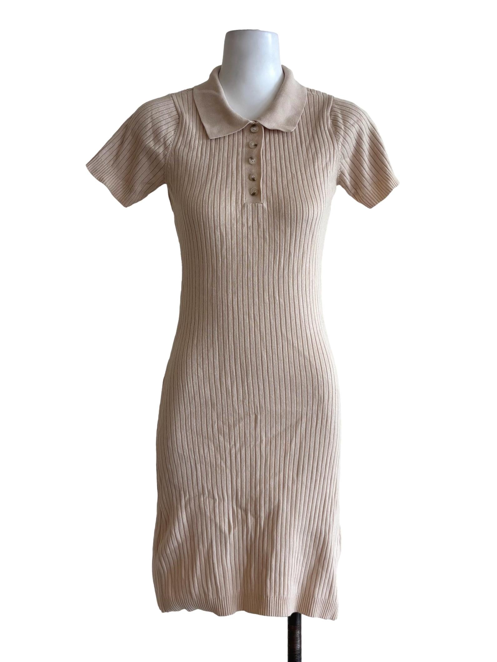 Beige Linen Ribbed Dress