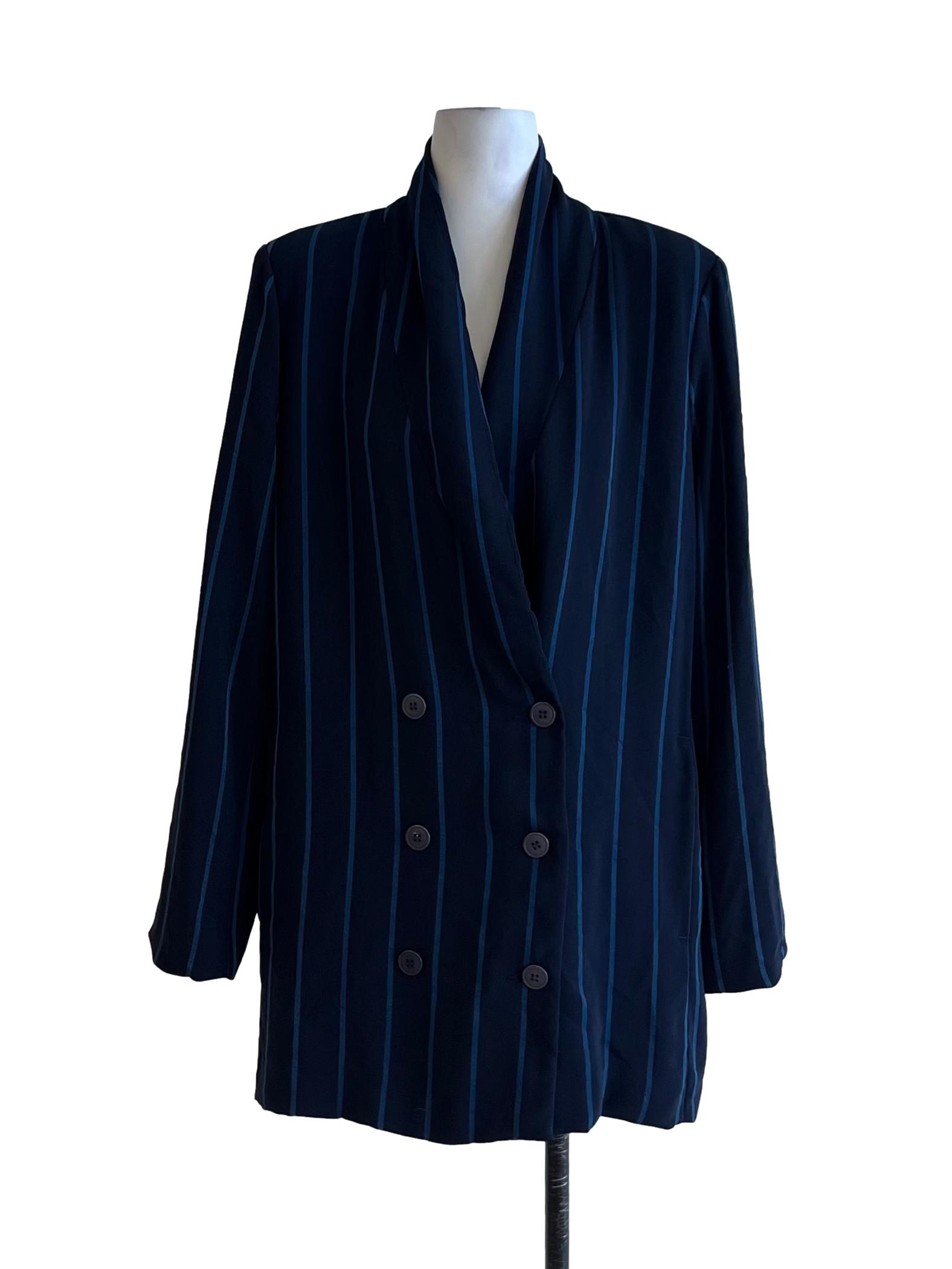 Navy Blue Awning Stripe Double-Breasted Blazer