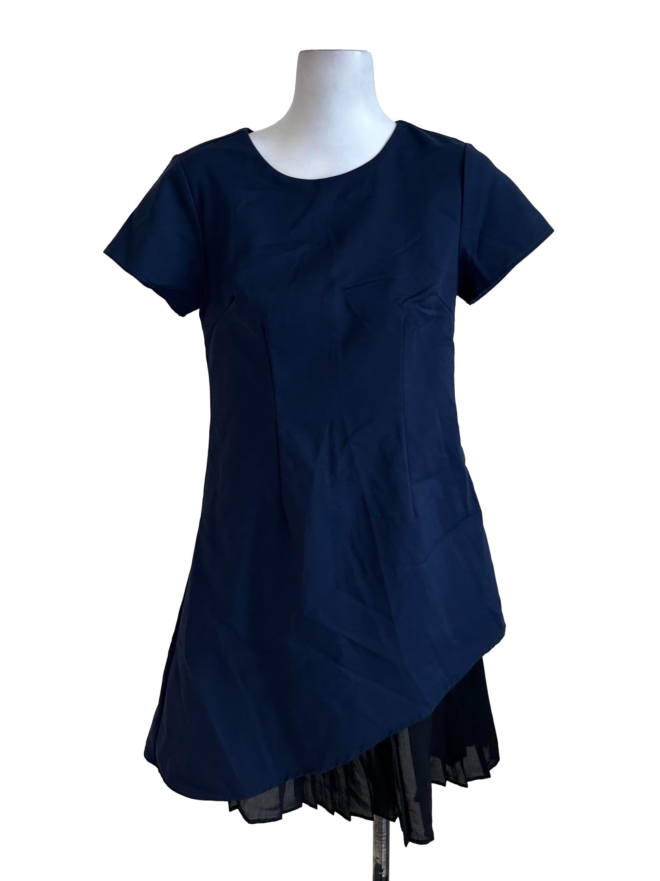 Navy Blue Pleated Short Sleeve Dress