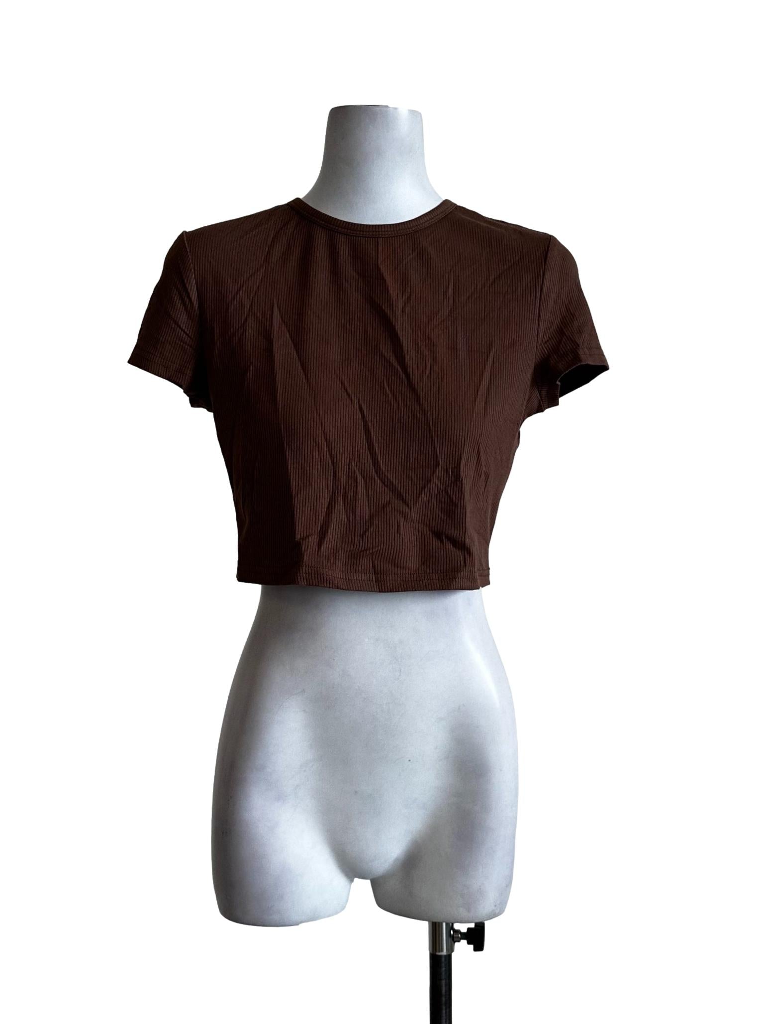 Coffee Brown Pecil Stripes Pattern Crop Top