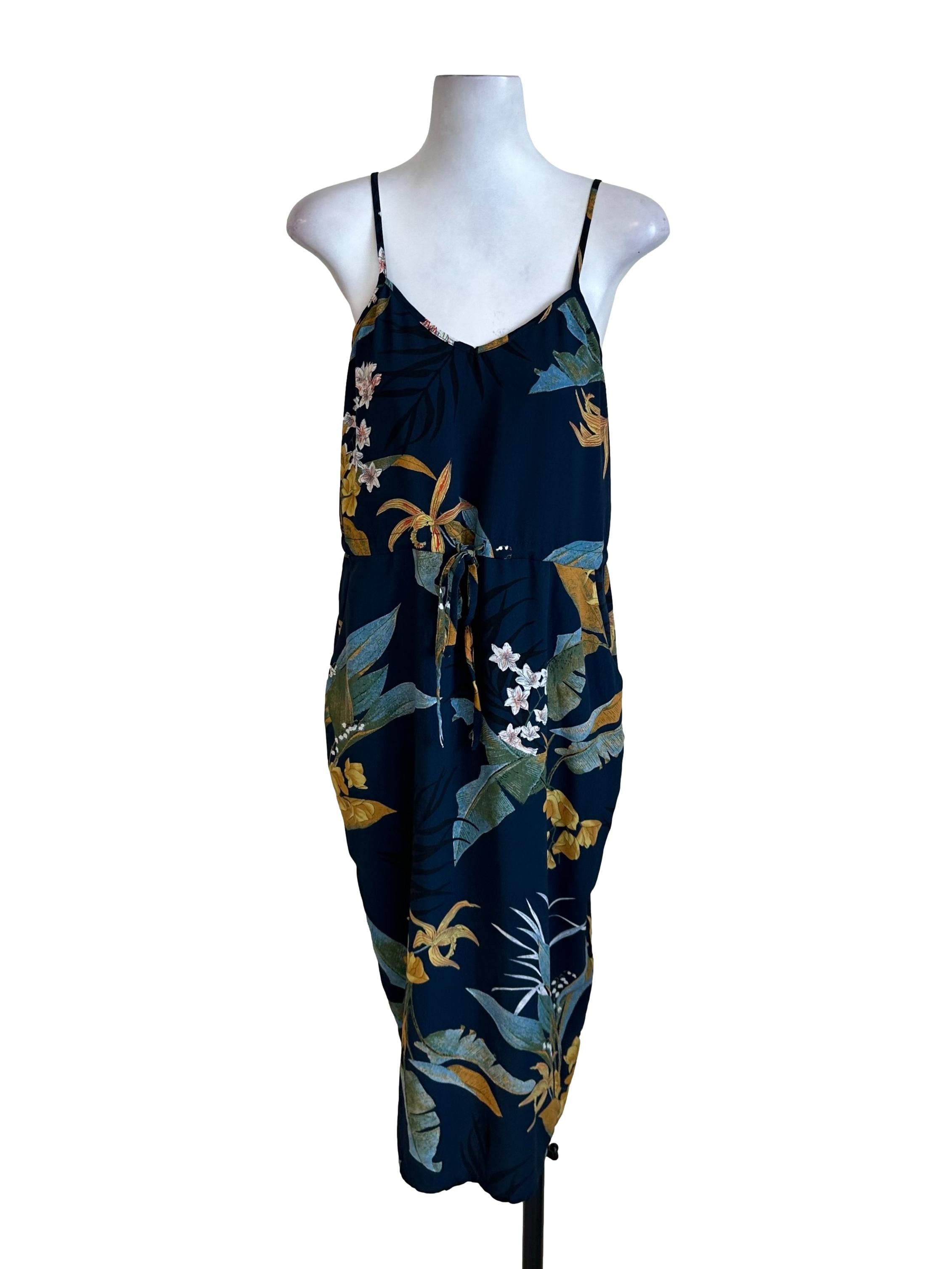 Navy Blue Chiffon Pattern V Neck Dress