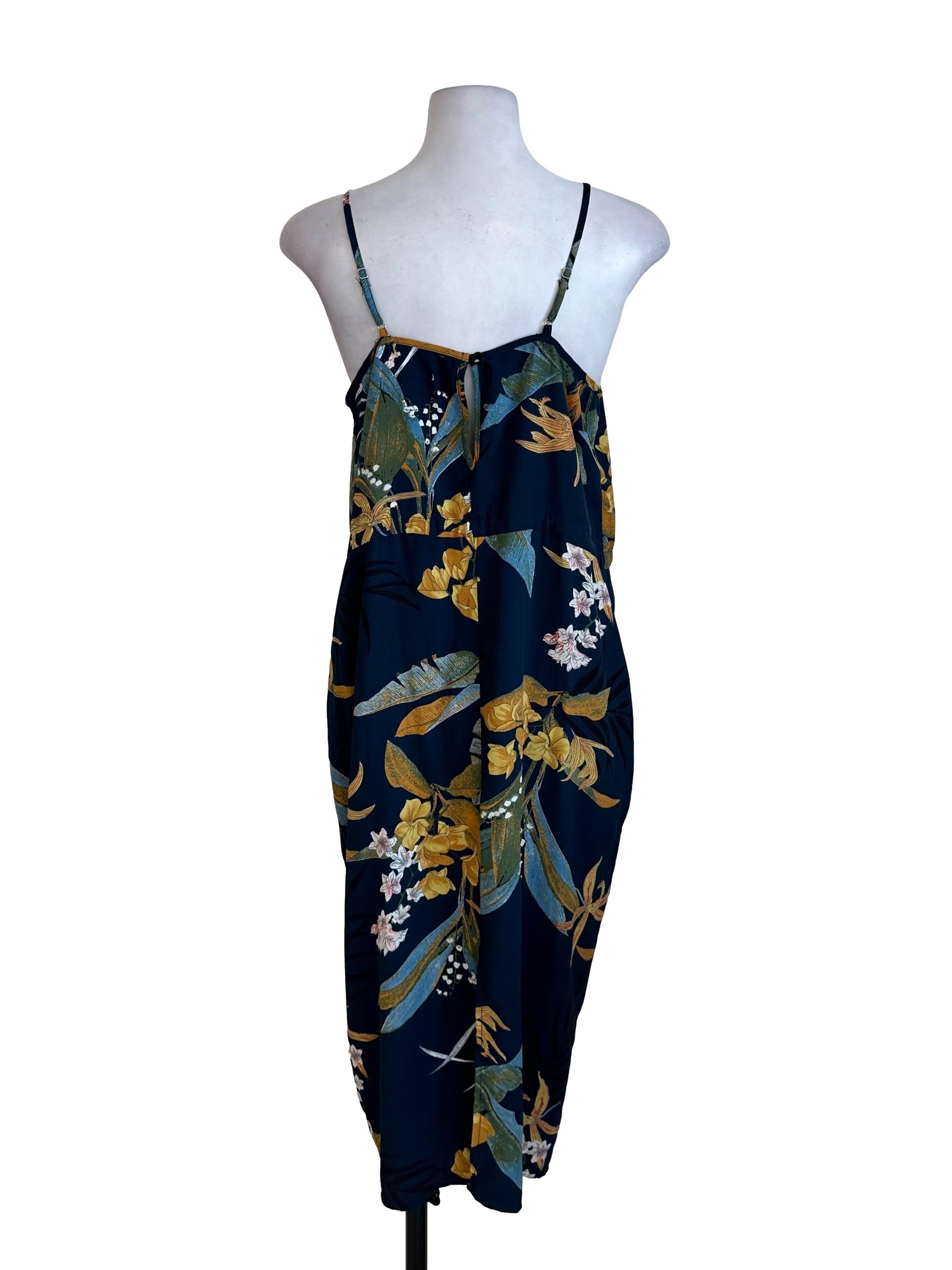 Navy Blue Chiffon Pattern V Neck Dress