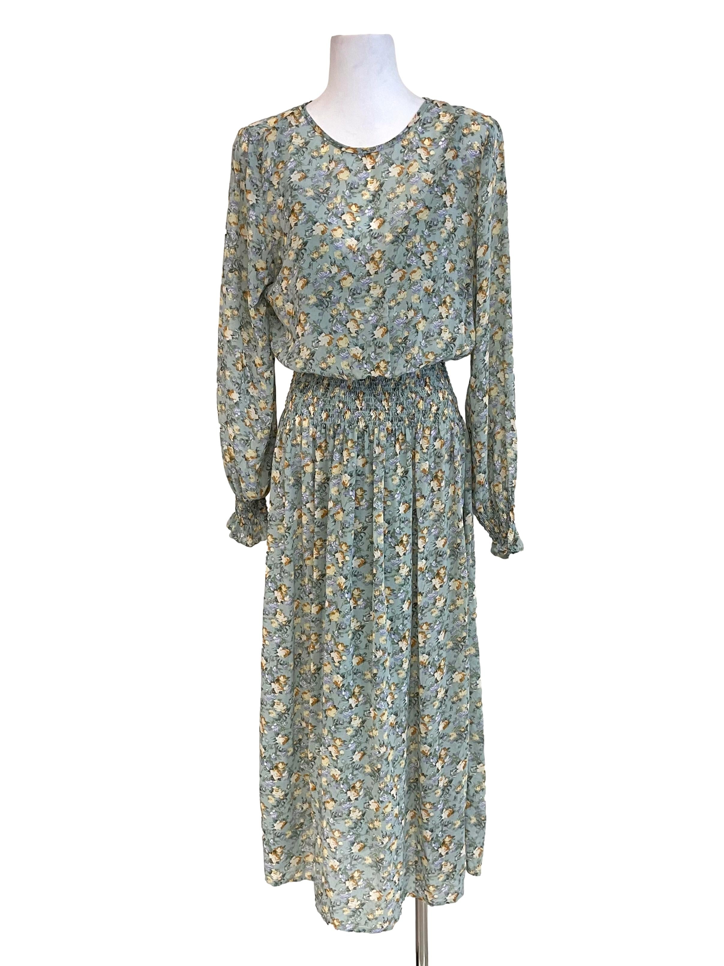 Pistachio Floral Shirred Chiffon Dress