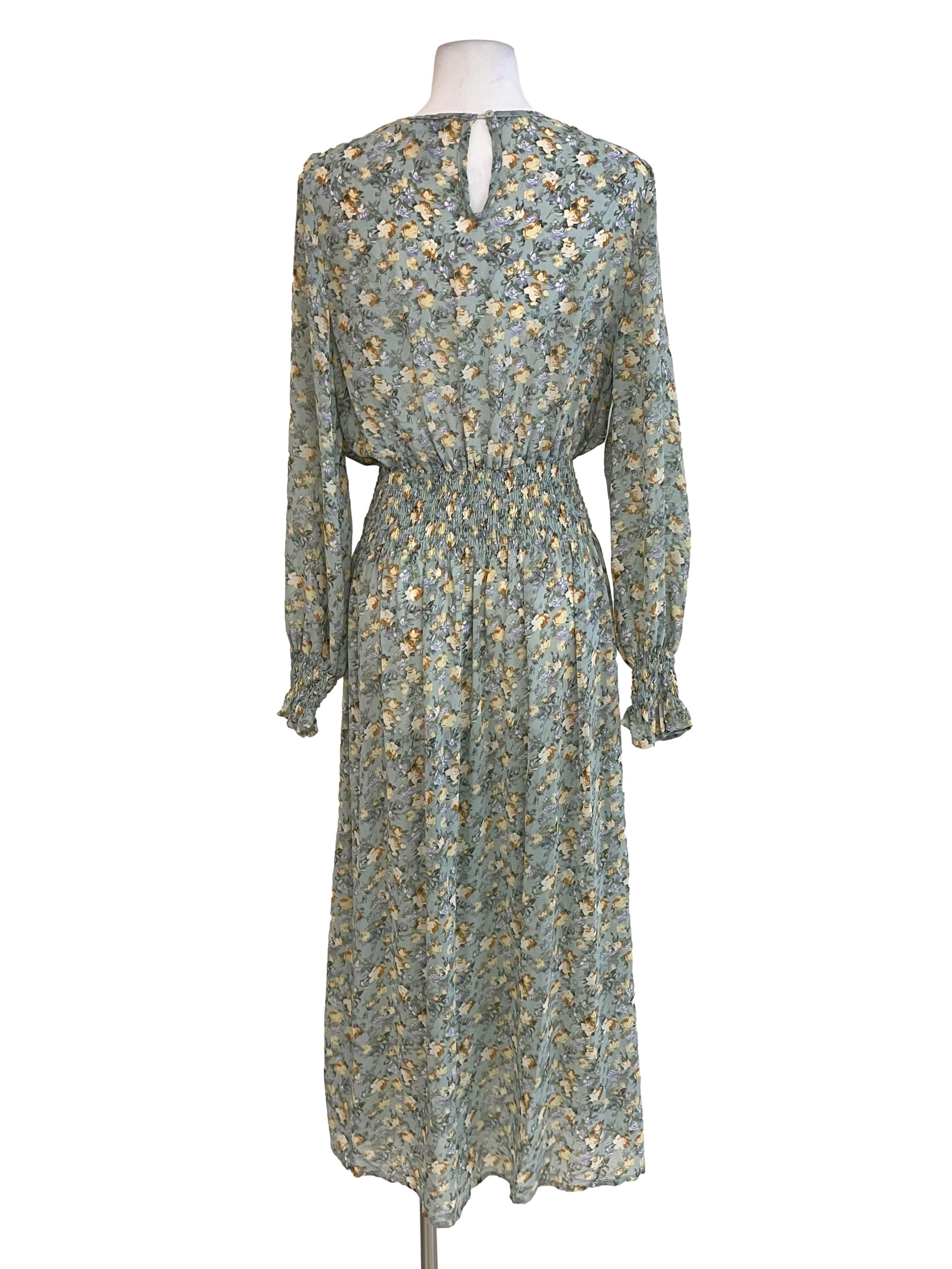 Pistachio Floral Shirred Chiffon Dress