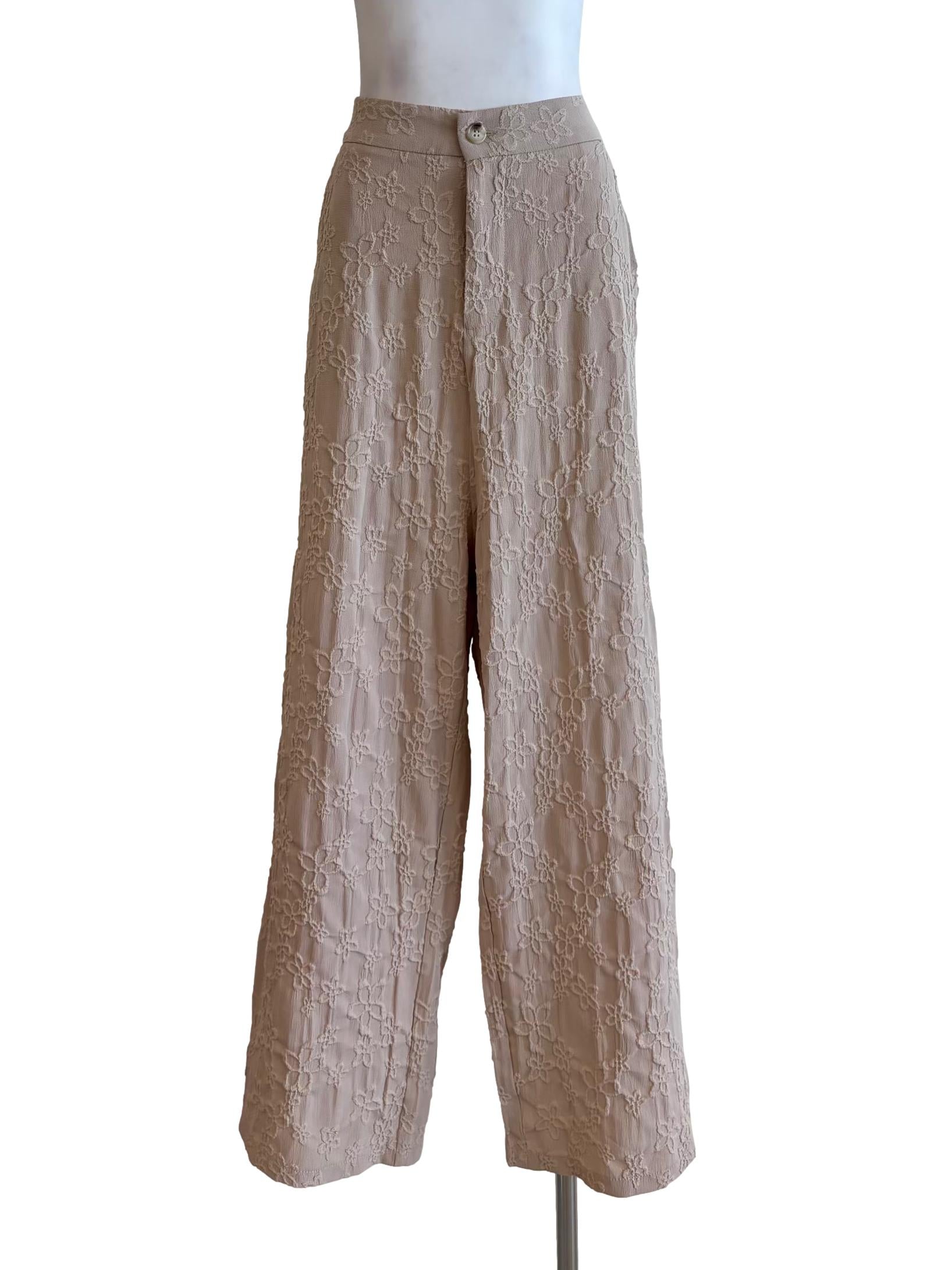 Khaki Brown Textured Floral Long Pants