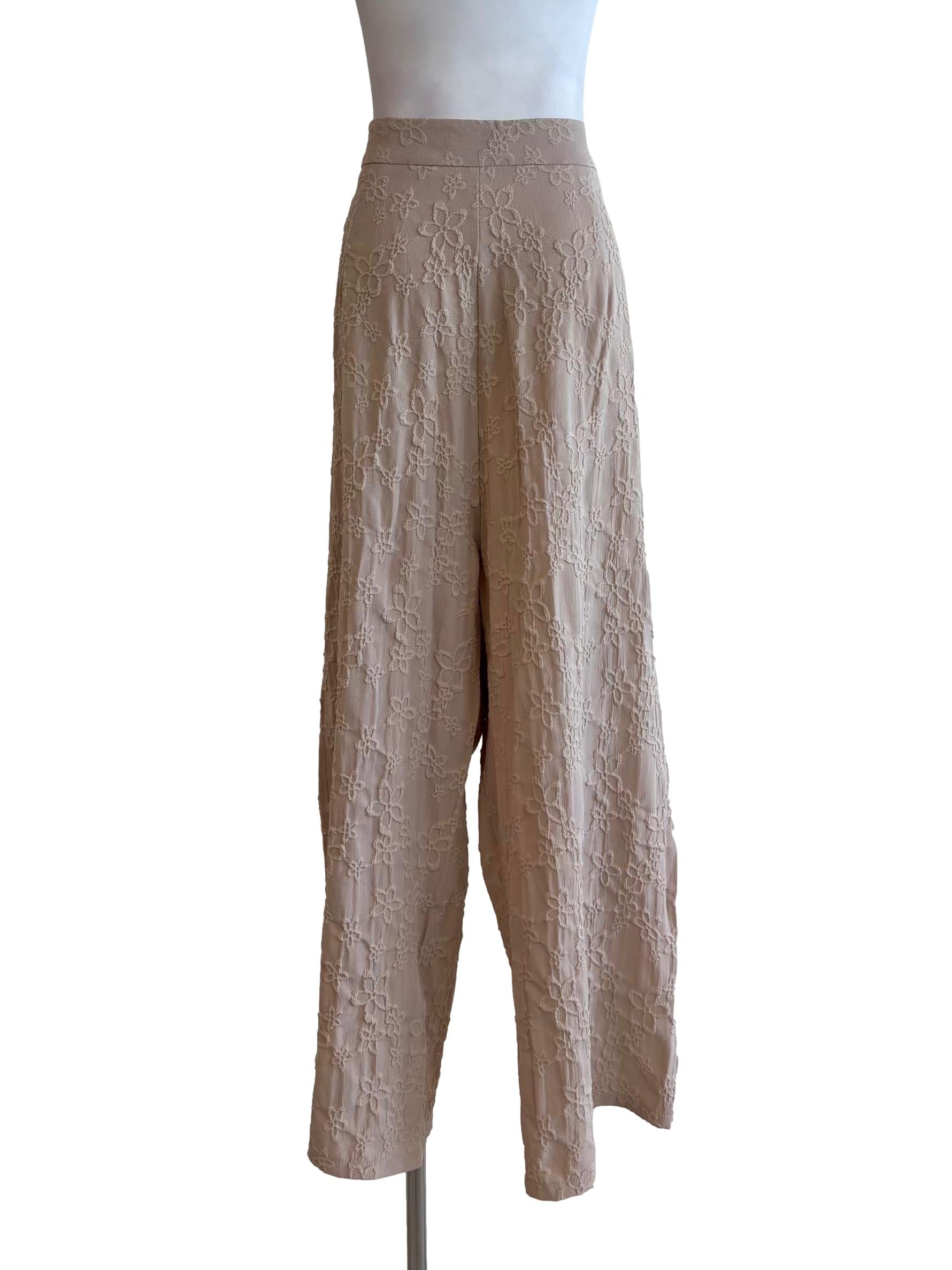 Khaki Brown Textured Floral Long Pants