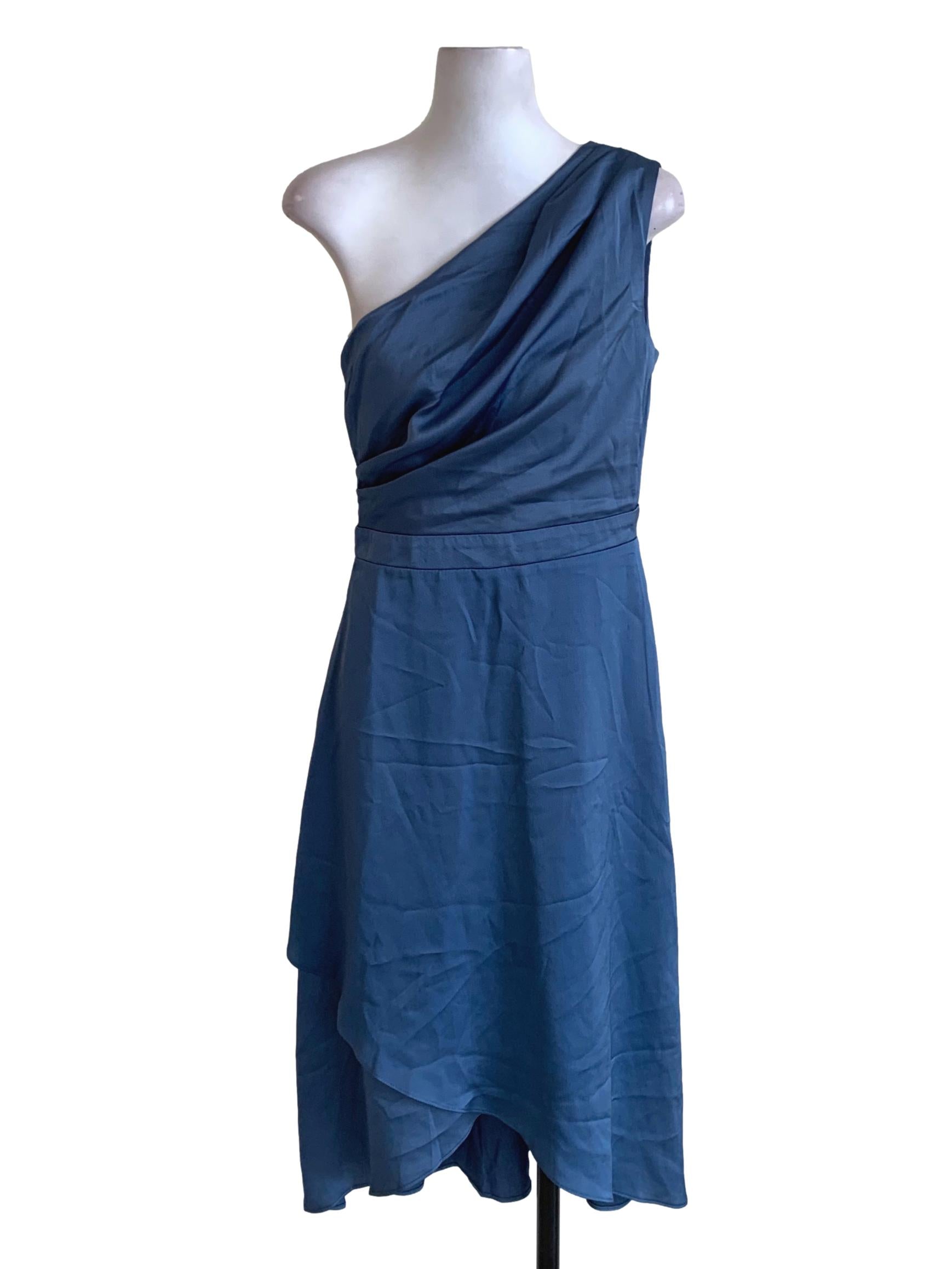 Navy Blue Asymmetrical Neckline A-Line Dress