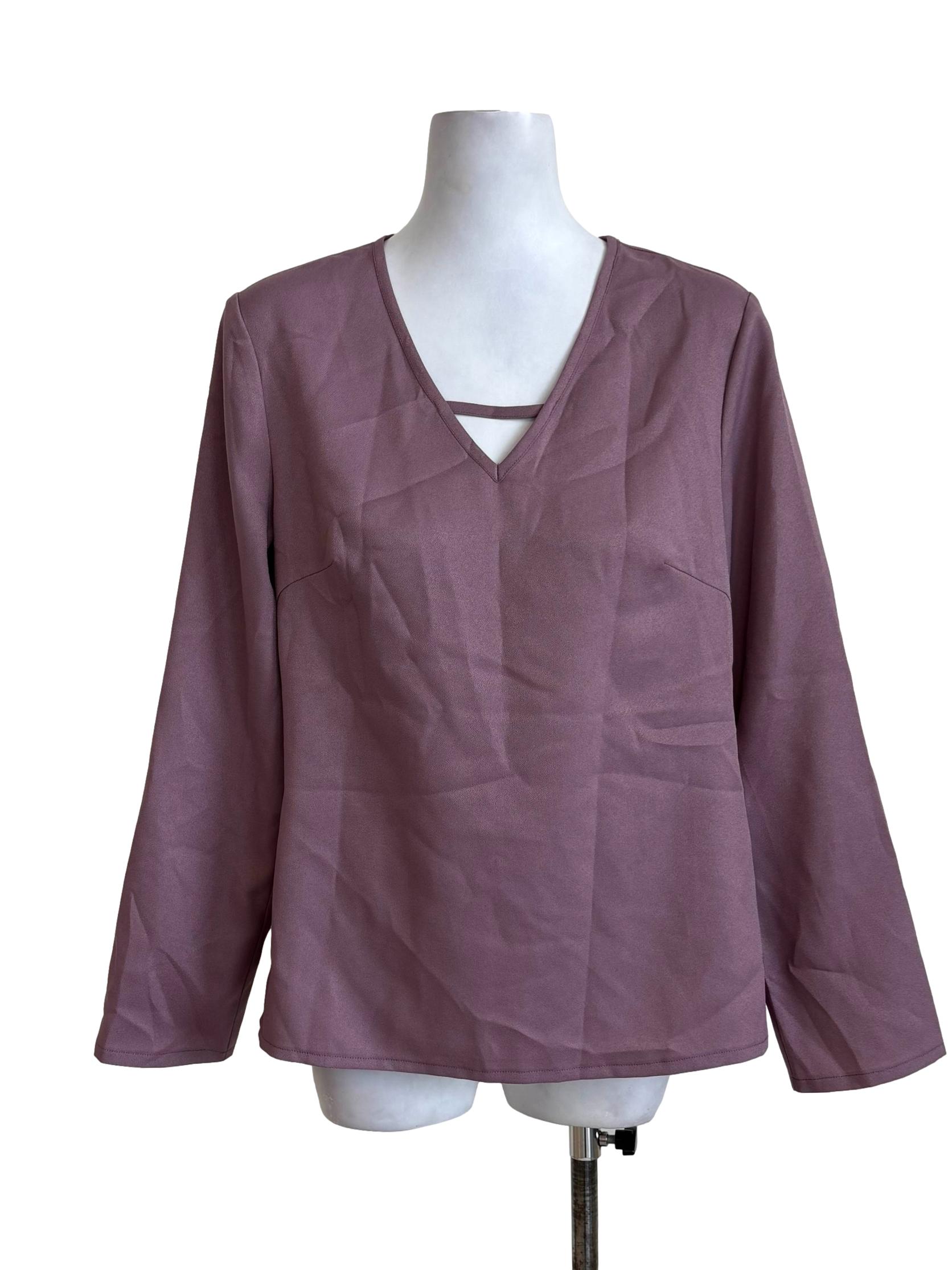 Mauve V Neck Long Sleeves Top