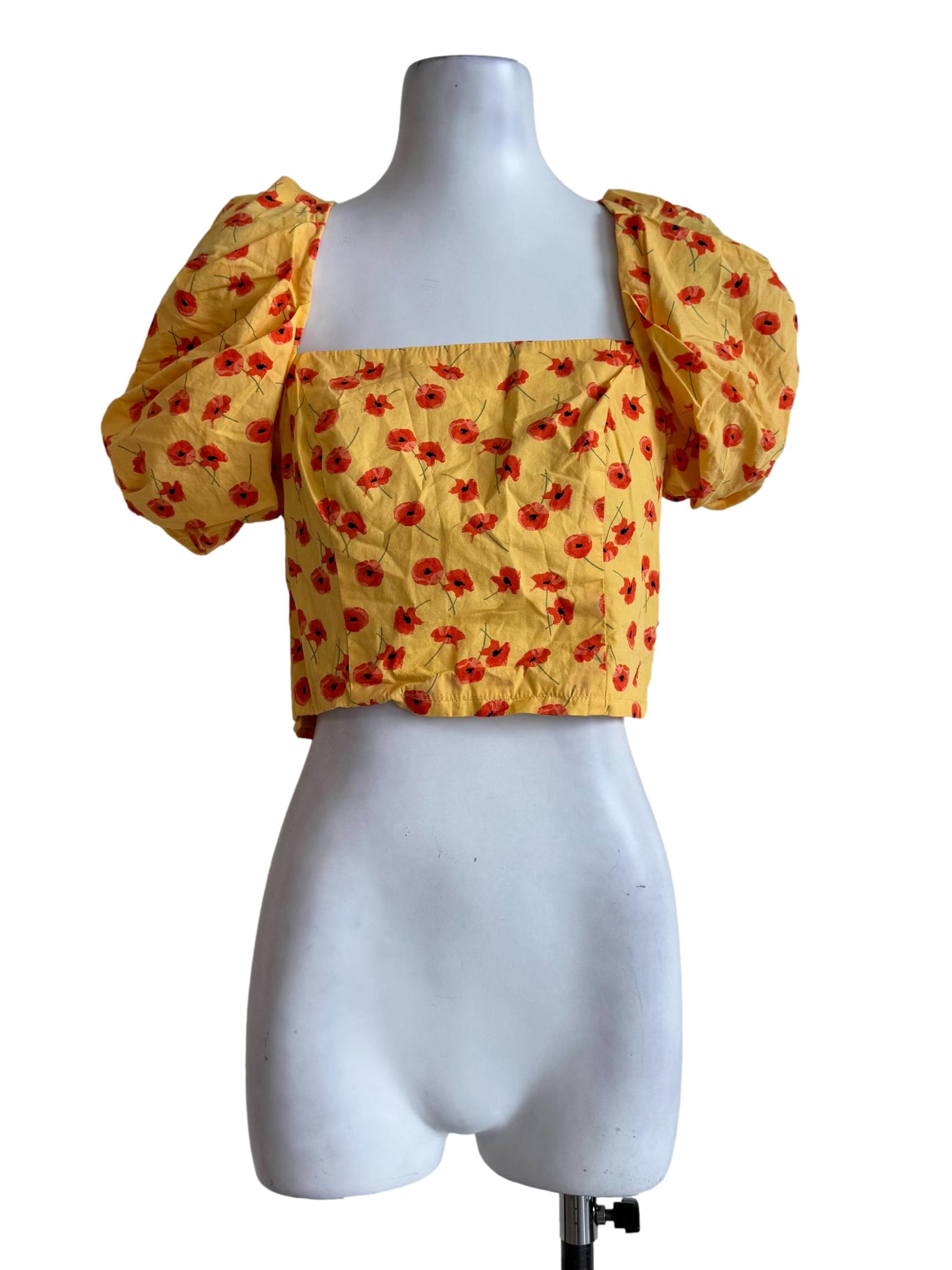 Orange Floral Prints Bubble Sleeve Top