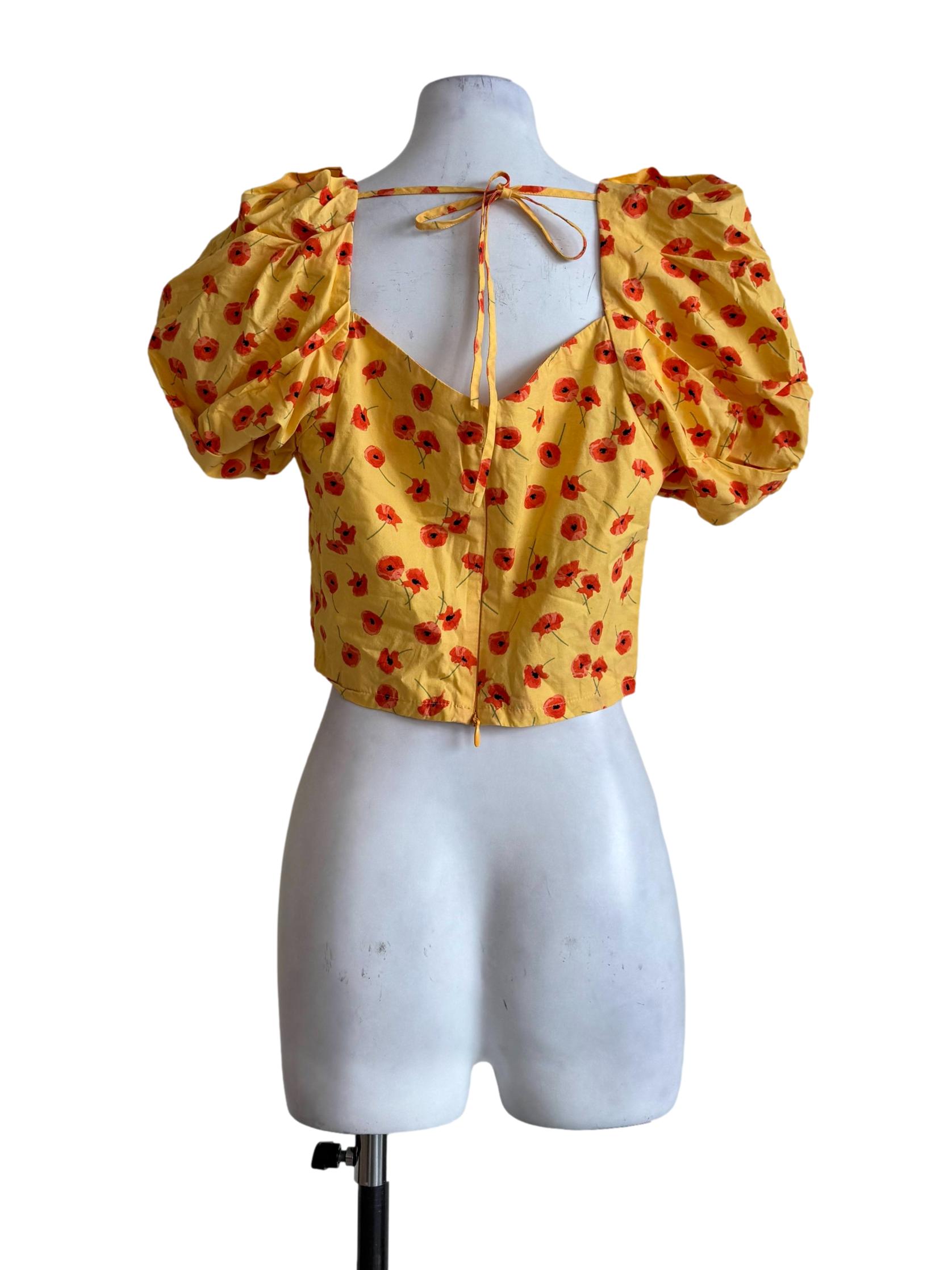 Orange Floral Prints Bubble Sleeve Top