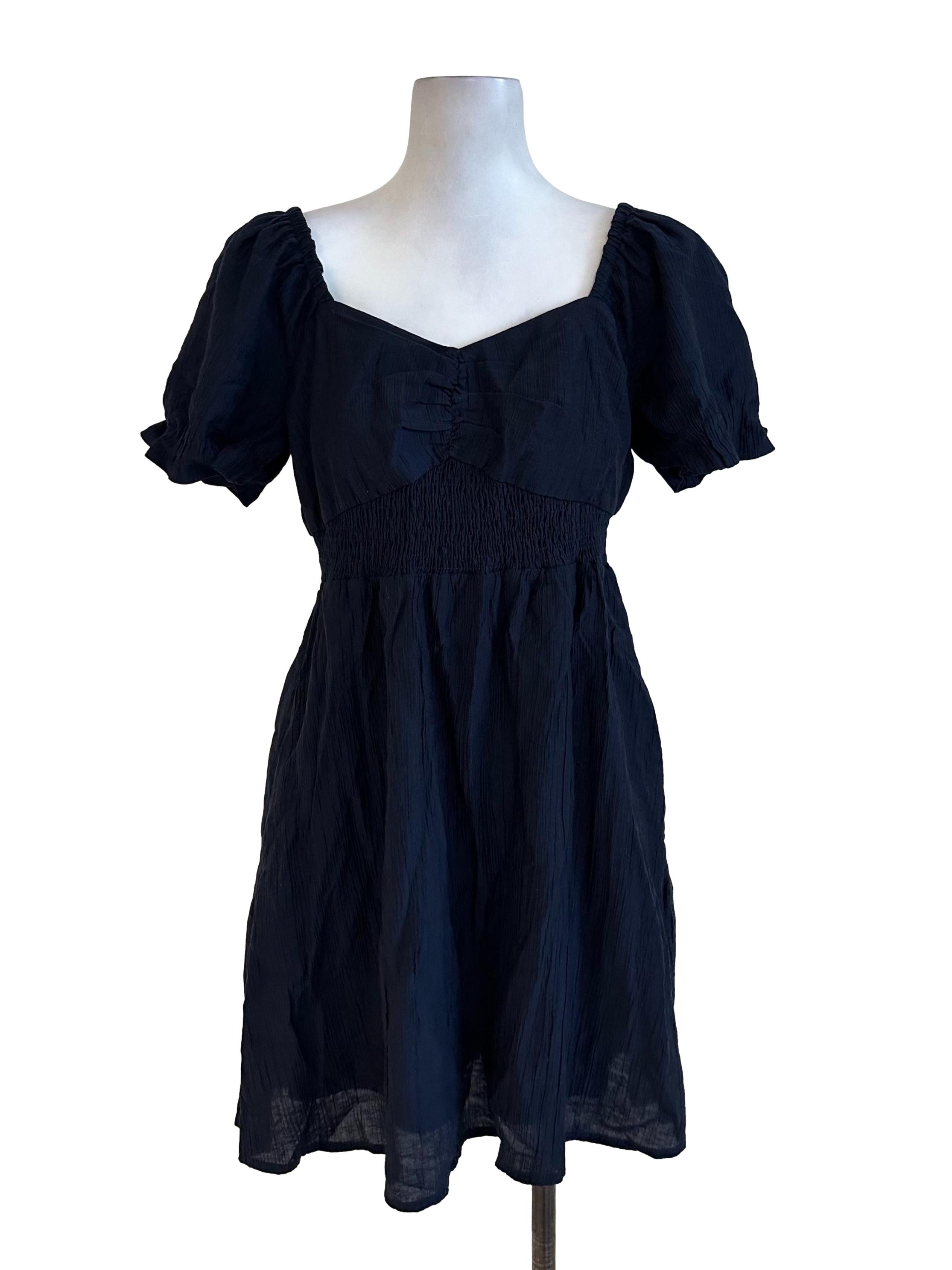 Navy Blue Textured Puff Sleeve Dress