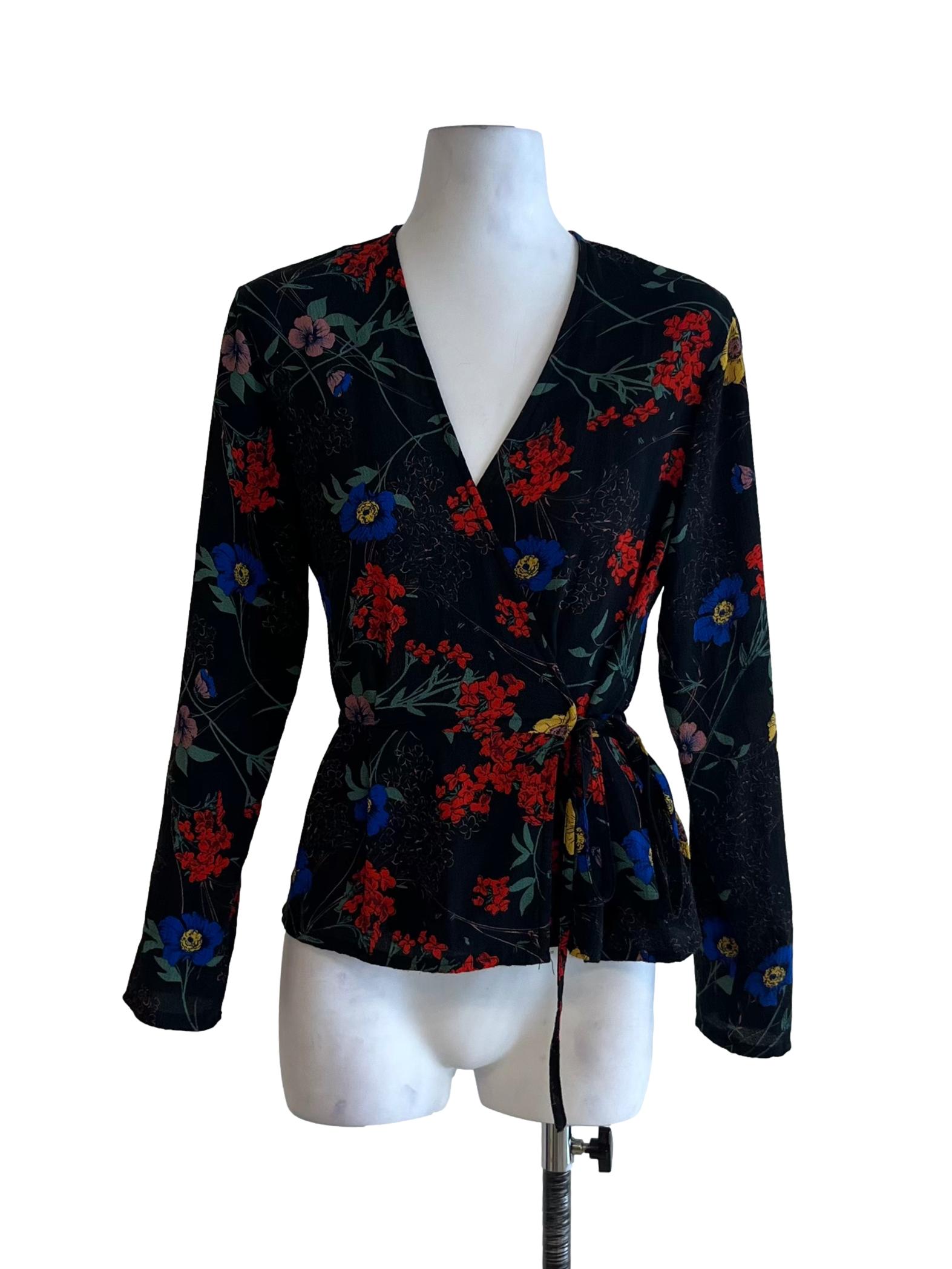 Black Floral Wrap Blouse
