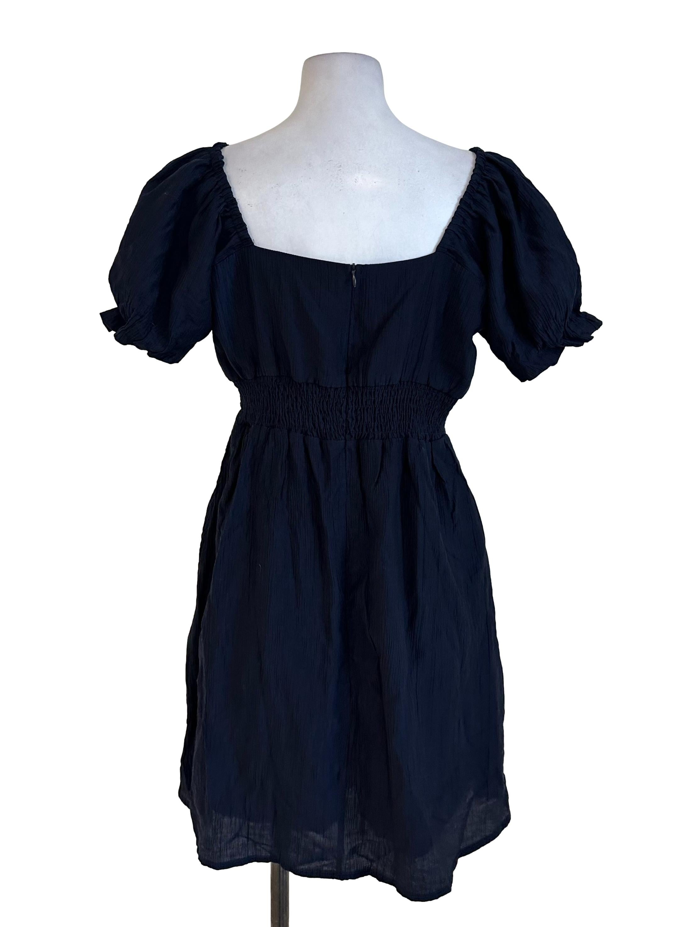 Navy Blue Textured Puff Sleeve Dress