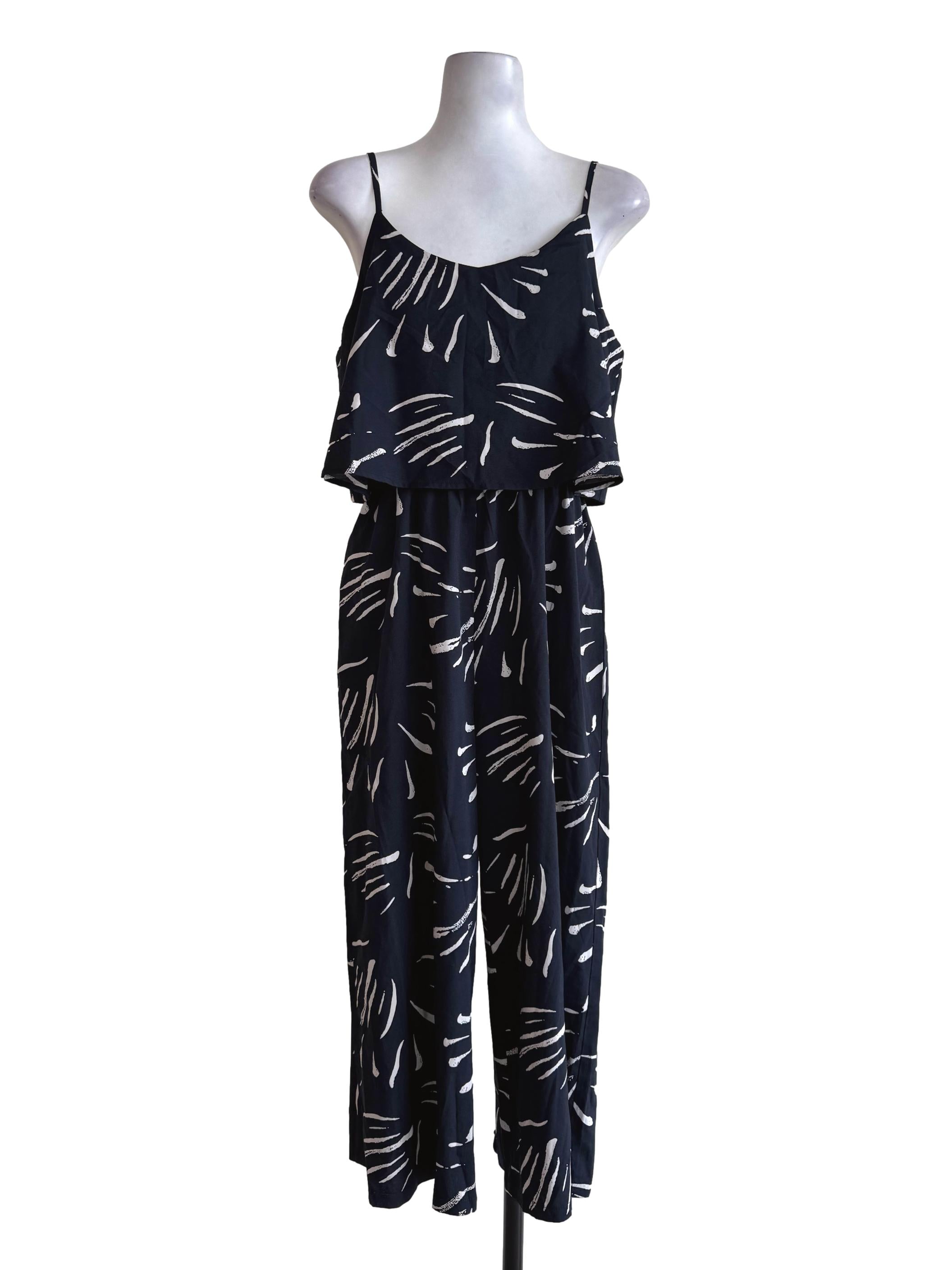 Navy Blue With White Abstract Motif Sleeveless Jumpsuit