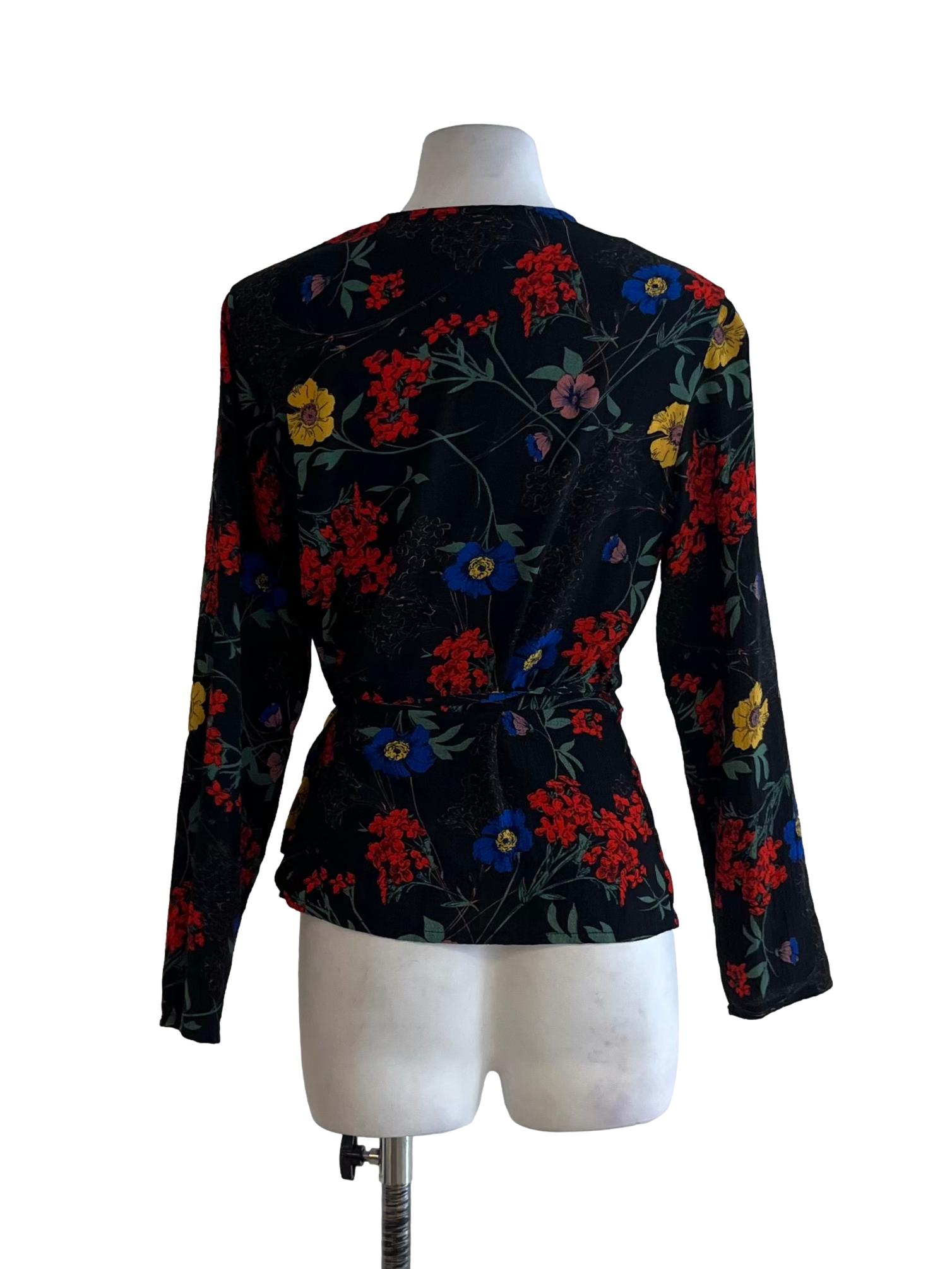 Black Floral Wrap Blouse