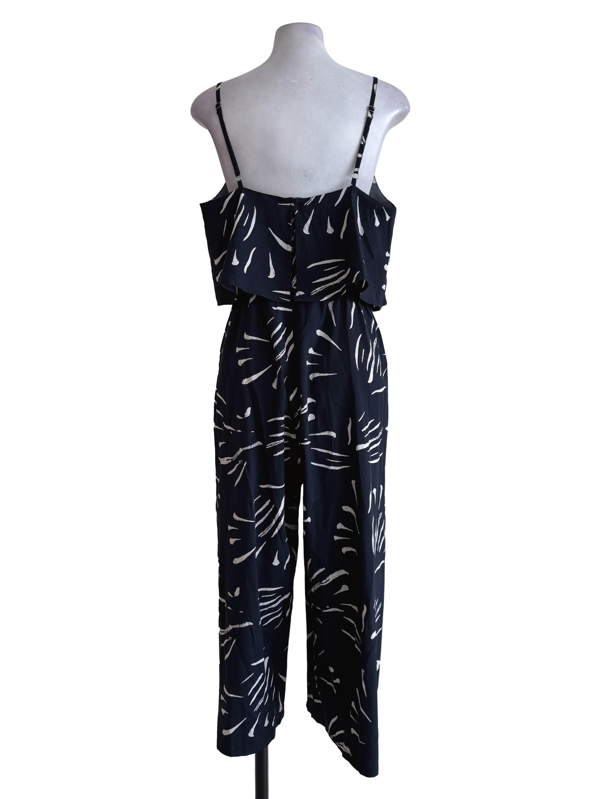 Navy Blue With White Abstract Motif Sleeveless Jumpsuit