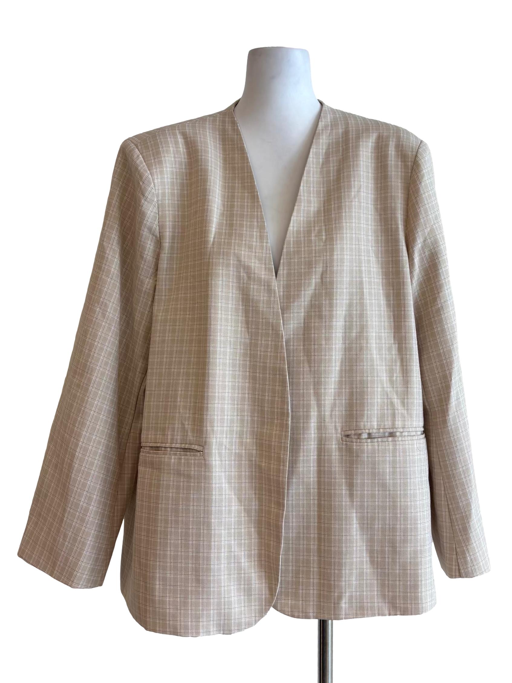 Beige Plaid Buttonless Blazer