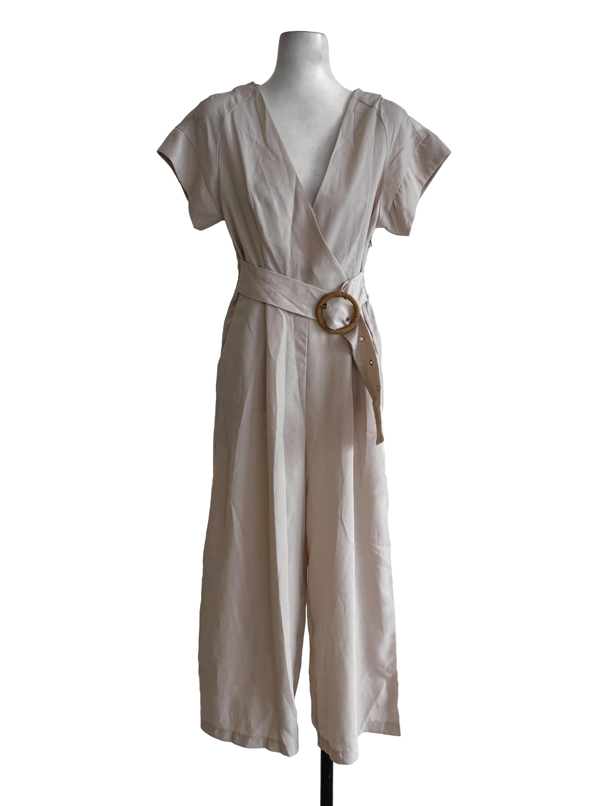 Sand Beige With Belt V Neck Short Sleeve Jumpsuit