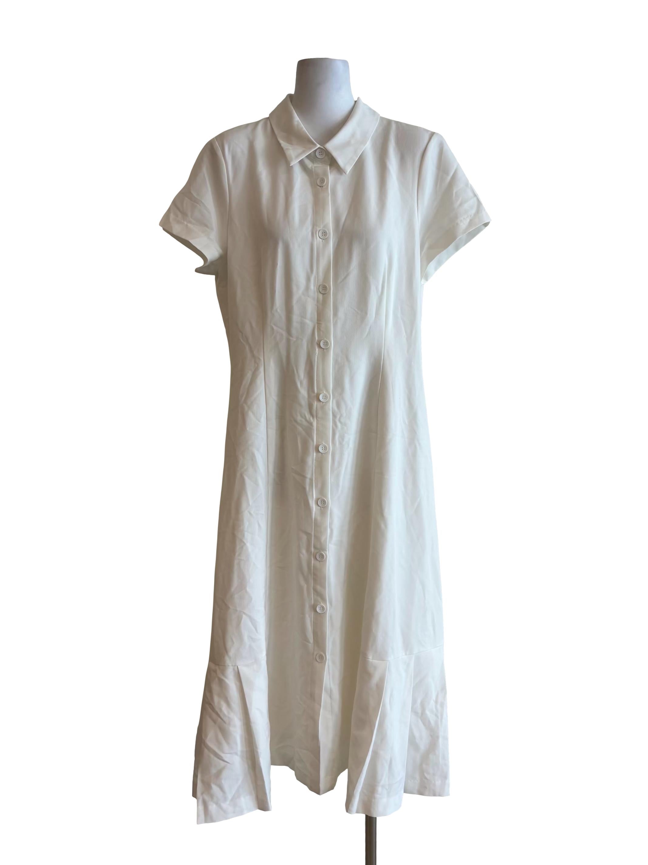 Powder White Short Sleeve Button Down Dress
