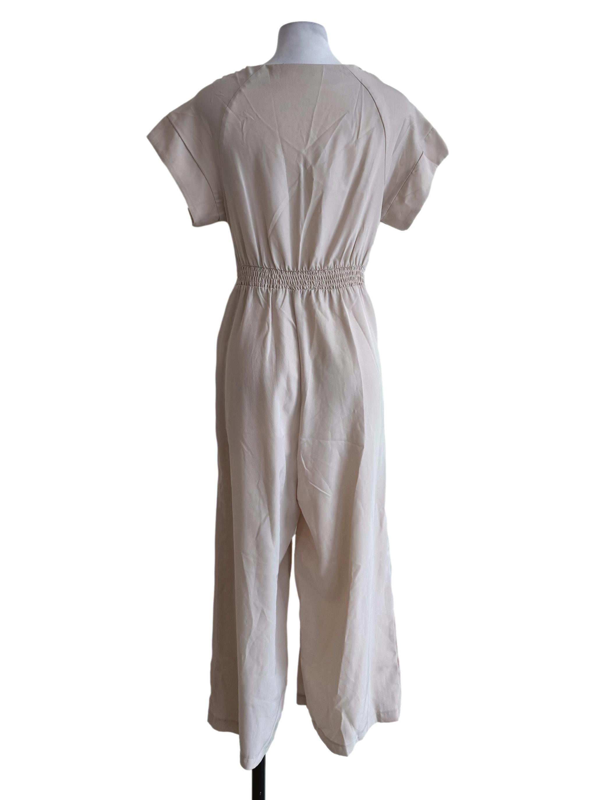Sand Beige With Belt V Neck Short Sleeve Jumpsuit