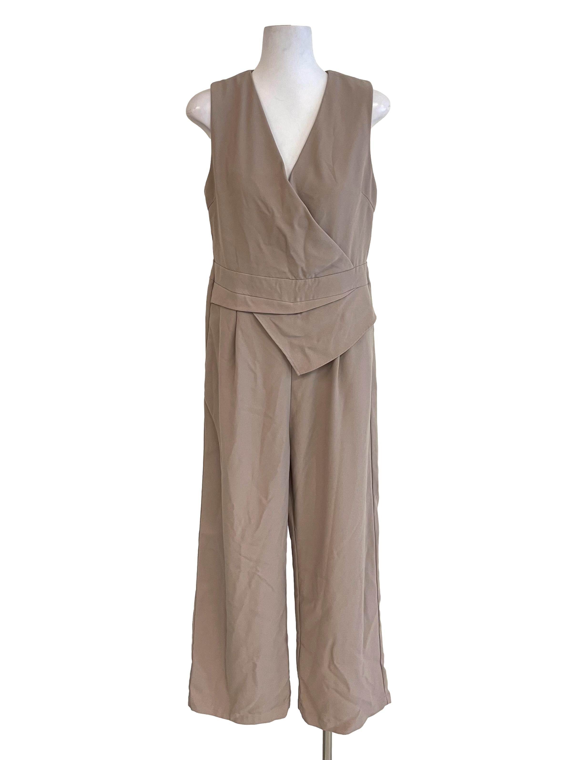 Latte V Neck Formal Jumpsuit