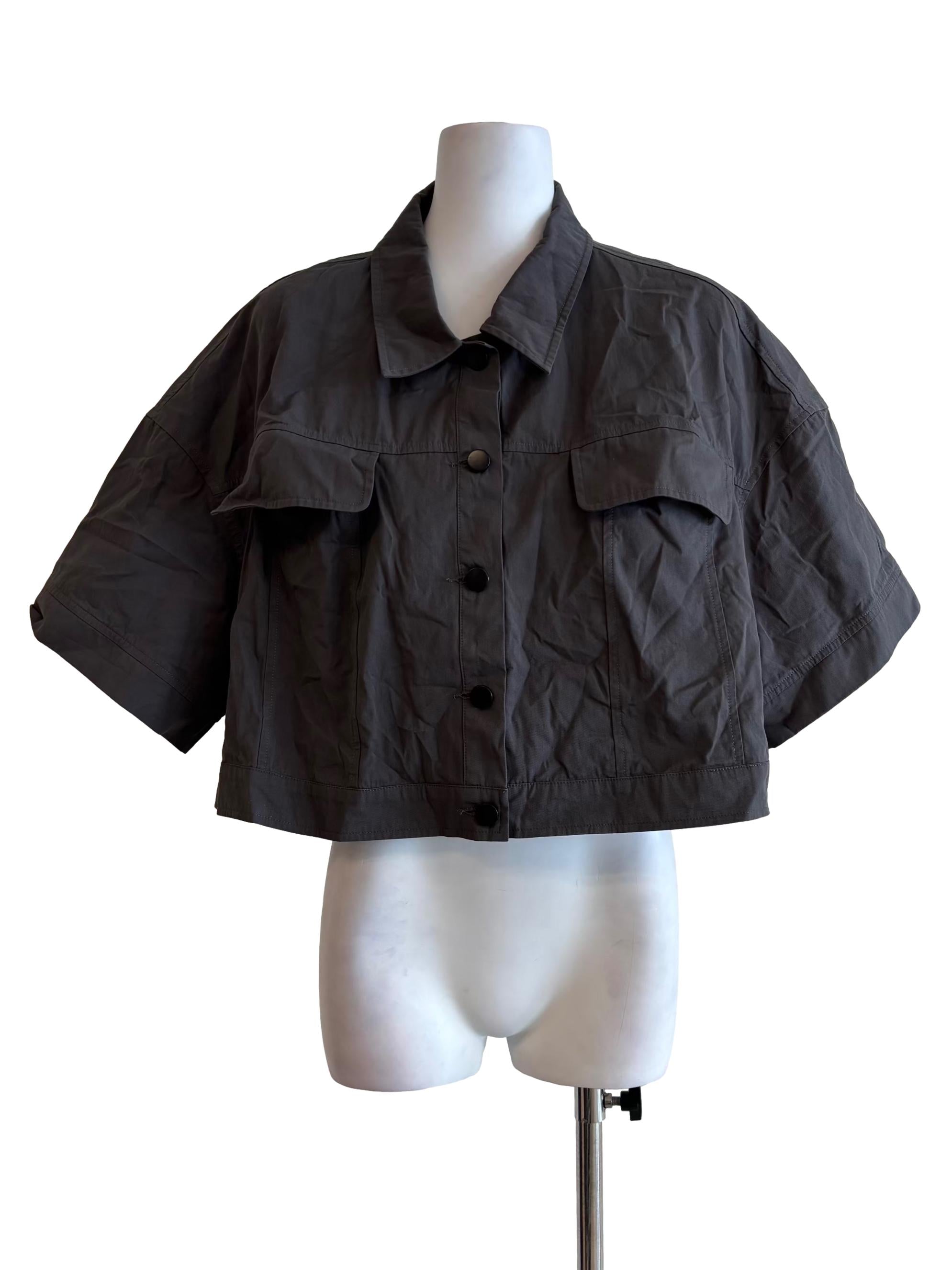 Carbon Grey Cotton Cropped Button Top