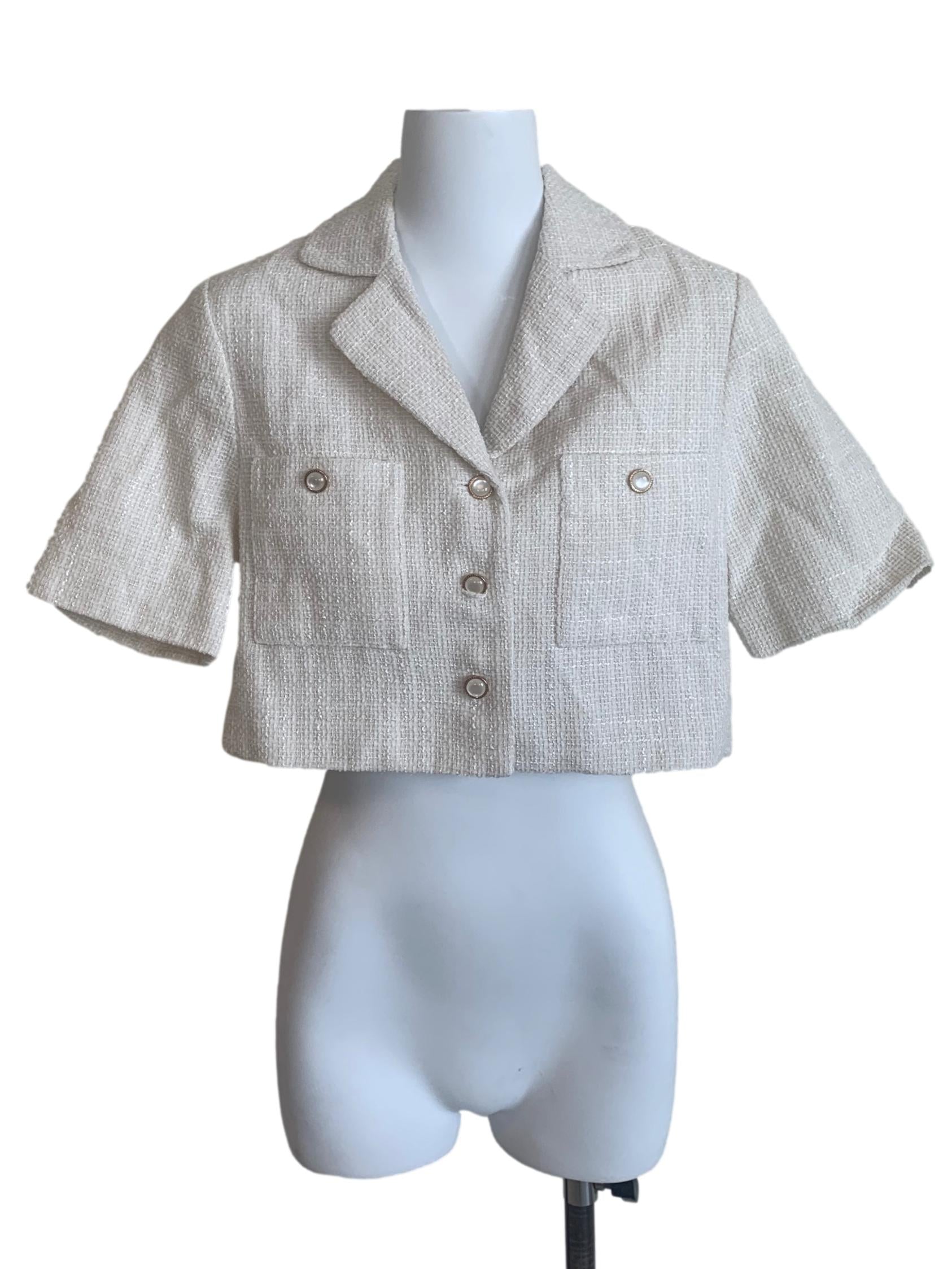Alabaster White Tweed Cropped Button Up Top